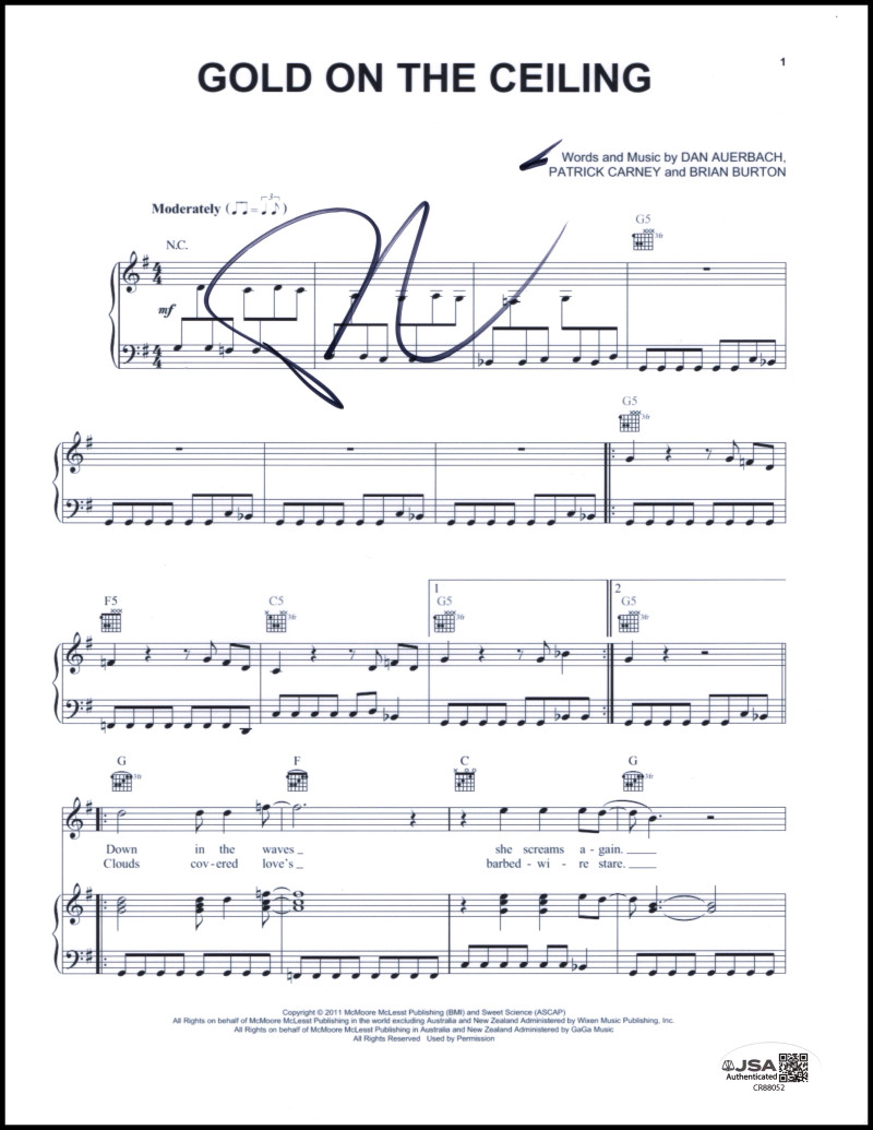 Dan Auerbach The Black Keys Signed Autograph Gold on the Ceiling Sheet Music JSA