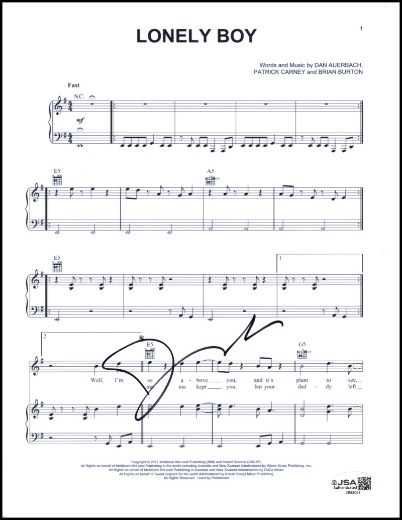 Dan Auerbach Black Keys Signed Autograph Lonely Boy Sheet Music - El Camino JSA