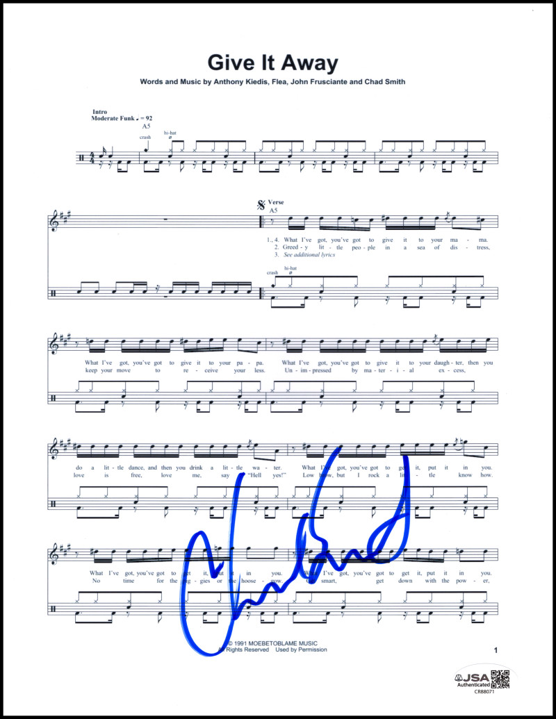 Chad Smith Signed Autograph RHCP Chili Peppers Give It Away Sheet Music JSA COA