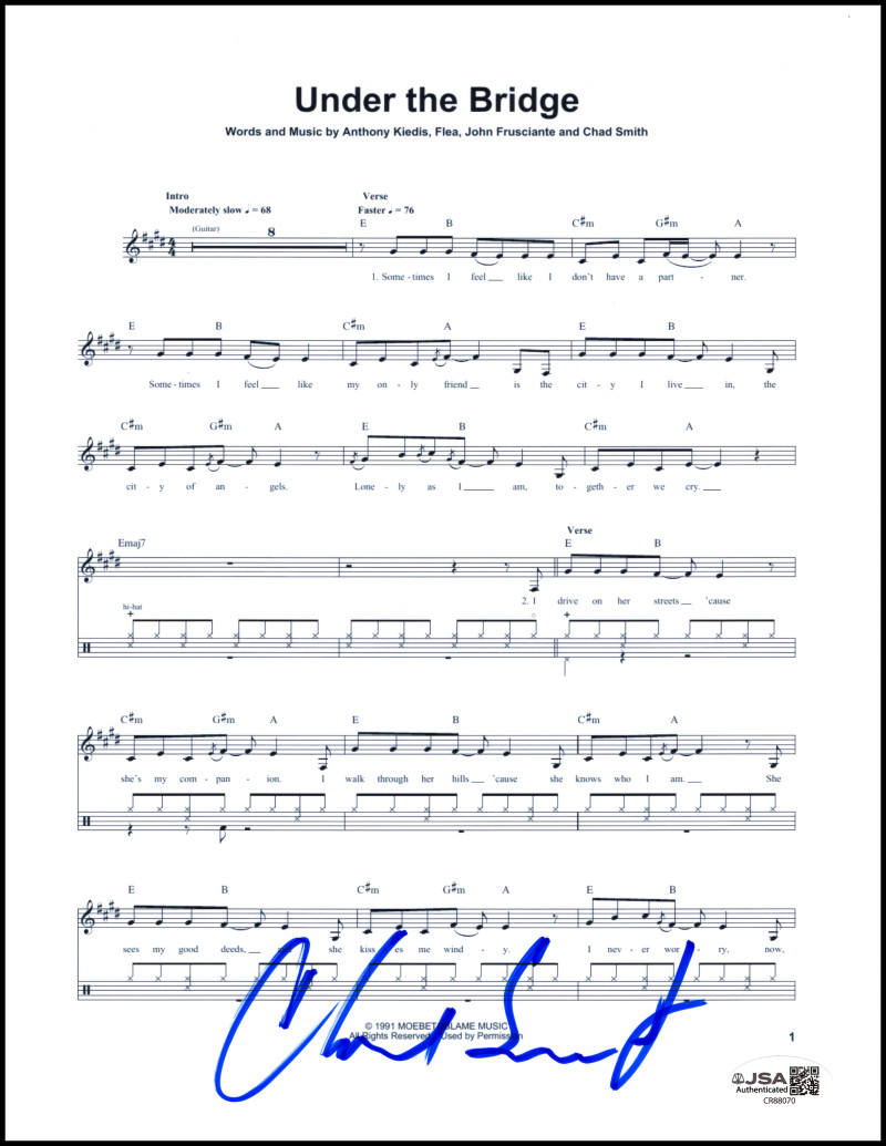Chad Smith Signed Autograph RHCP Chili Peppers Under the Bridge Sheet Music JSA