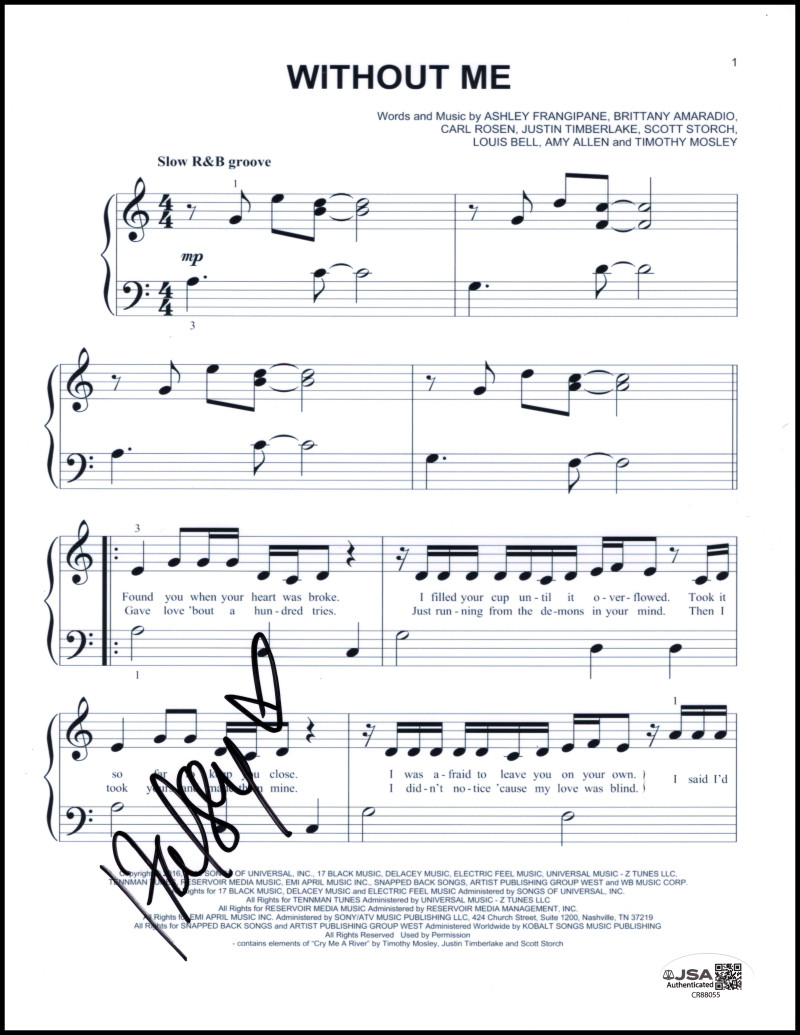 Halsey Ashley Frangipane Signed Autograph Without Me Sheet Music - Manic JSA COA