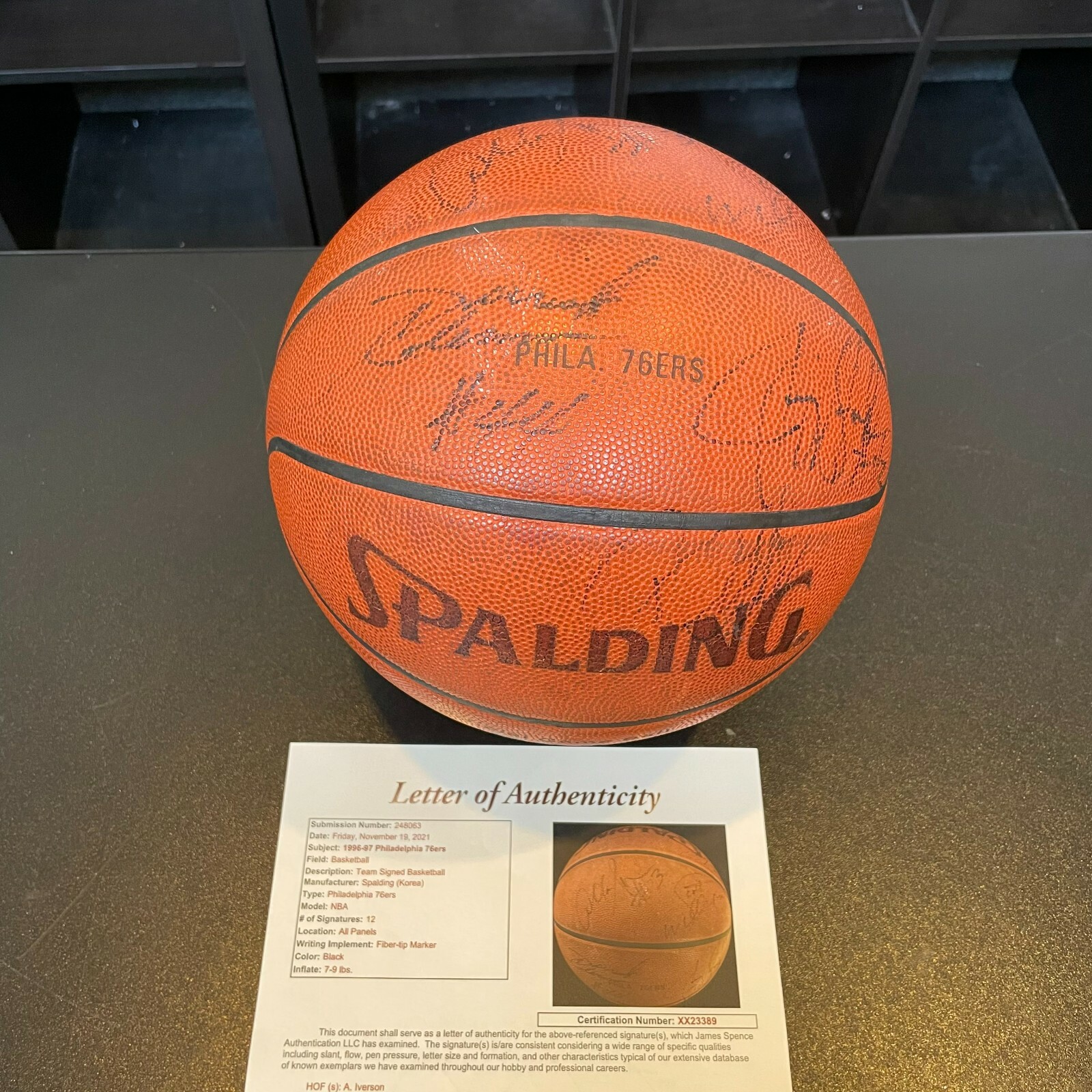 1996-97 Philadelphia 76ers Signed Game Used Basketball Allen Iverson Rookie JSA