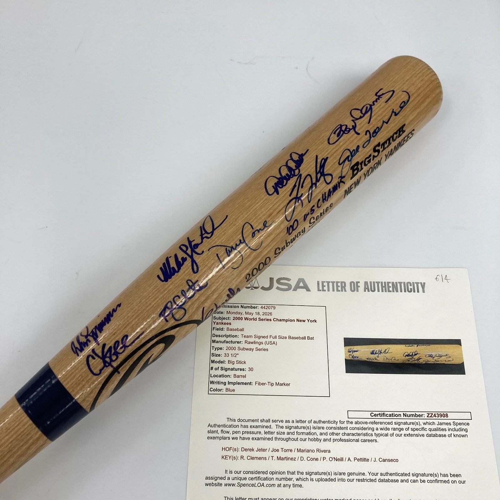 2000 NY Yankees WS Champs Team Signed Bat Derek Jeter Mariano Rivera JSA COA