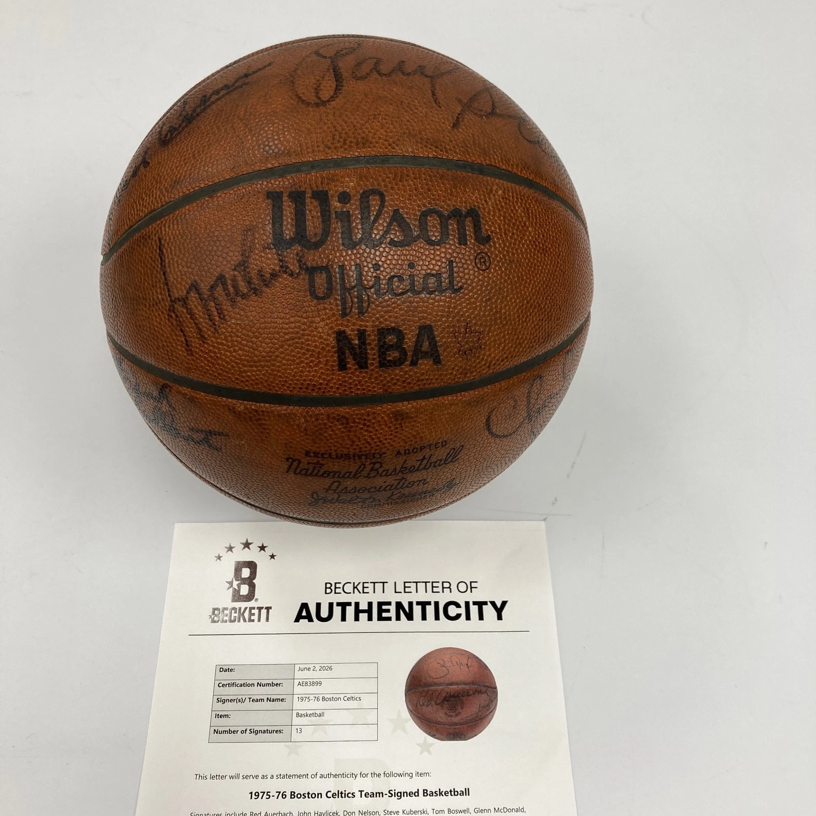 1975-76 Boston Celtics NBA Champs Team Signed Game Used Basketball Beckett COA
