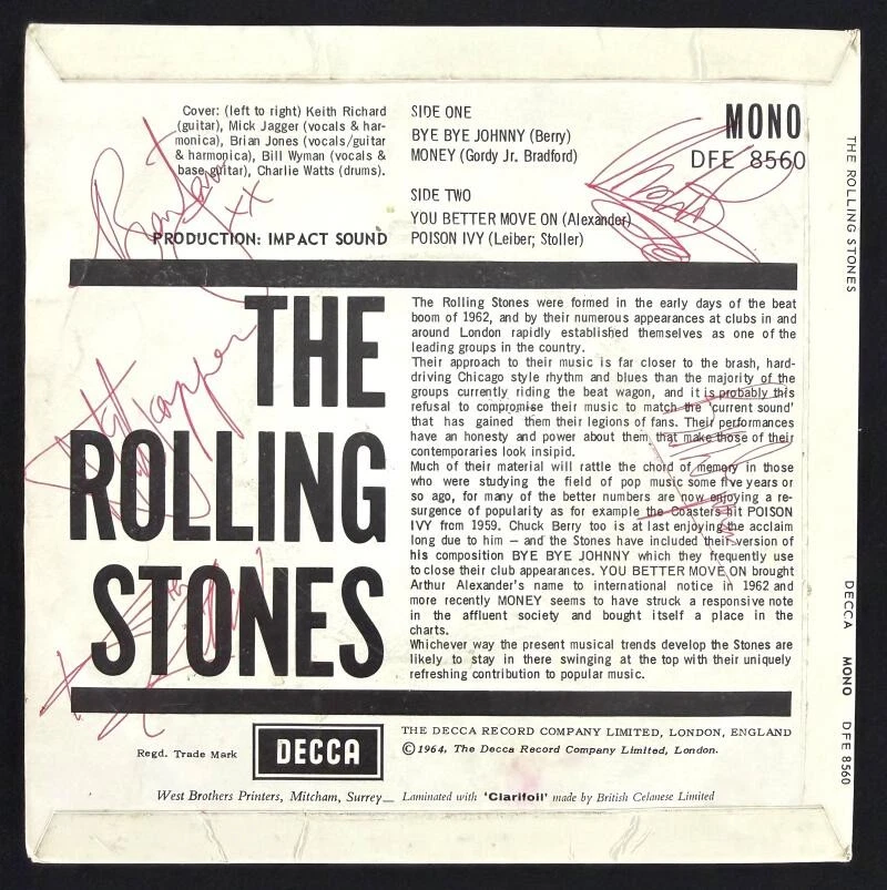 Rolling Stones Full Band Signed Autograph 45 RPM Record - Brian Jones +4 JSA COA