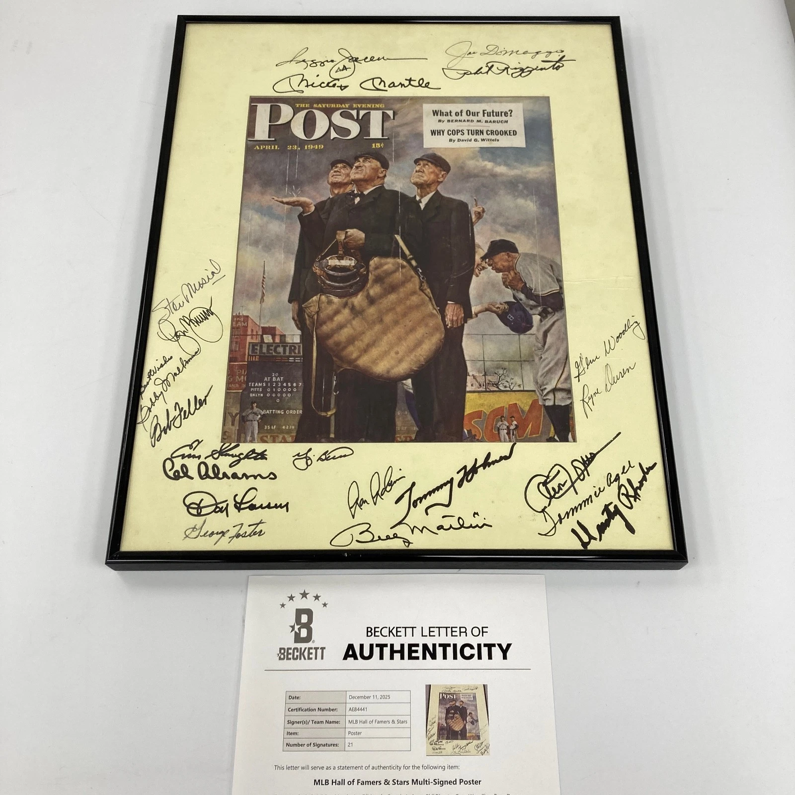 Mickey Mantle Joe Dimaggio HOF Multi Signed Norman Rockwell Photo Beckett COA