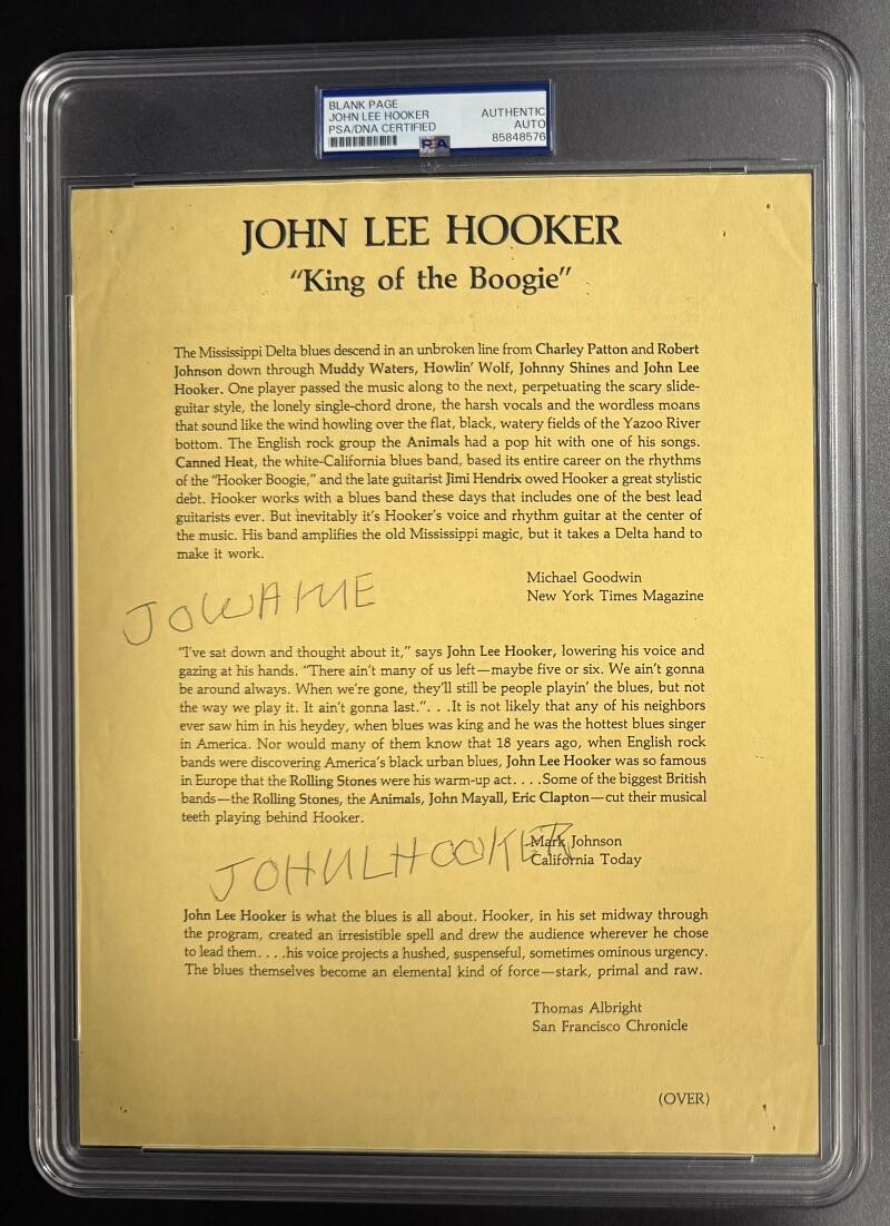 John Lee Hooker Twice Signed Autograph PSA/DNA Bio Page - Delta Blues Originator