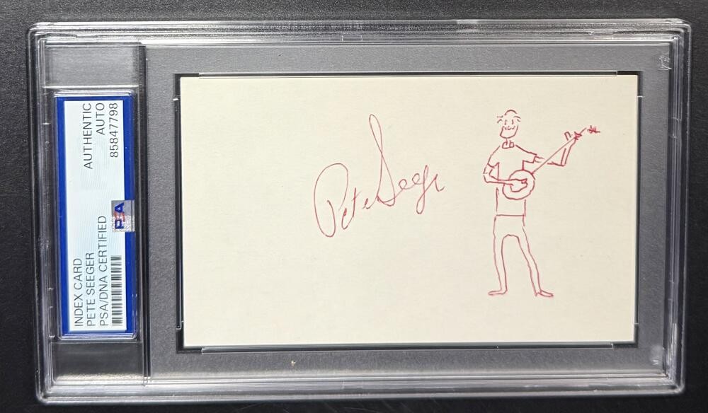 Pete Seeger Signed Autograph PSA/DNA Slab Encapsulated Cut Note Card Rare Sketch