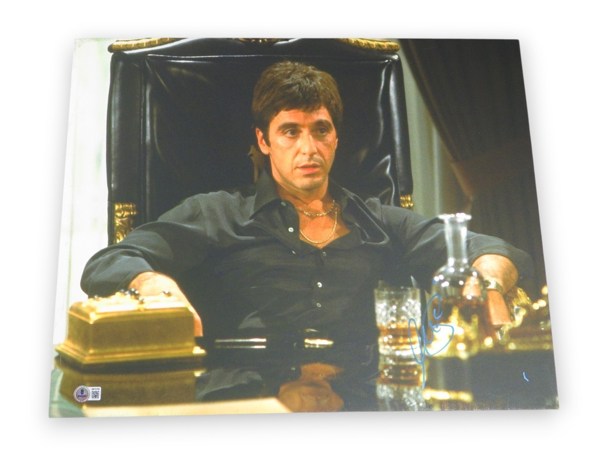 AL PACINO SIGNED AUTOGRAPHED 16X20 CANVAS PHOTO SCARFACE IN CHAIR BAS BW76768 COLLECTIBLE MEMORABILIA