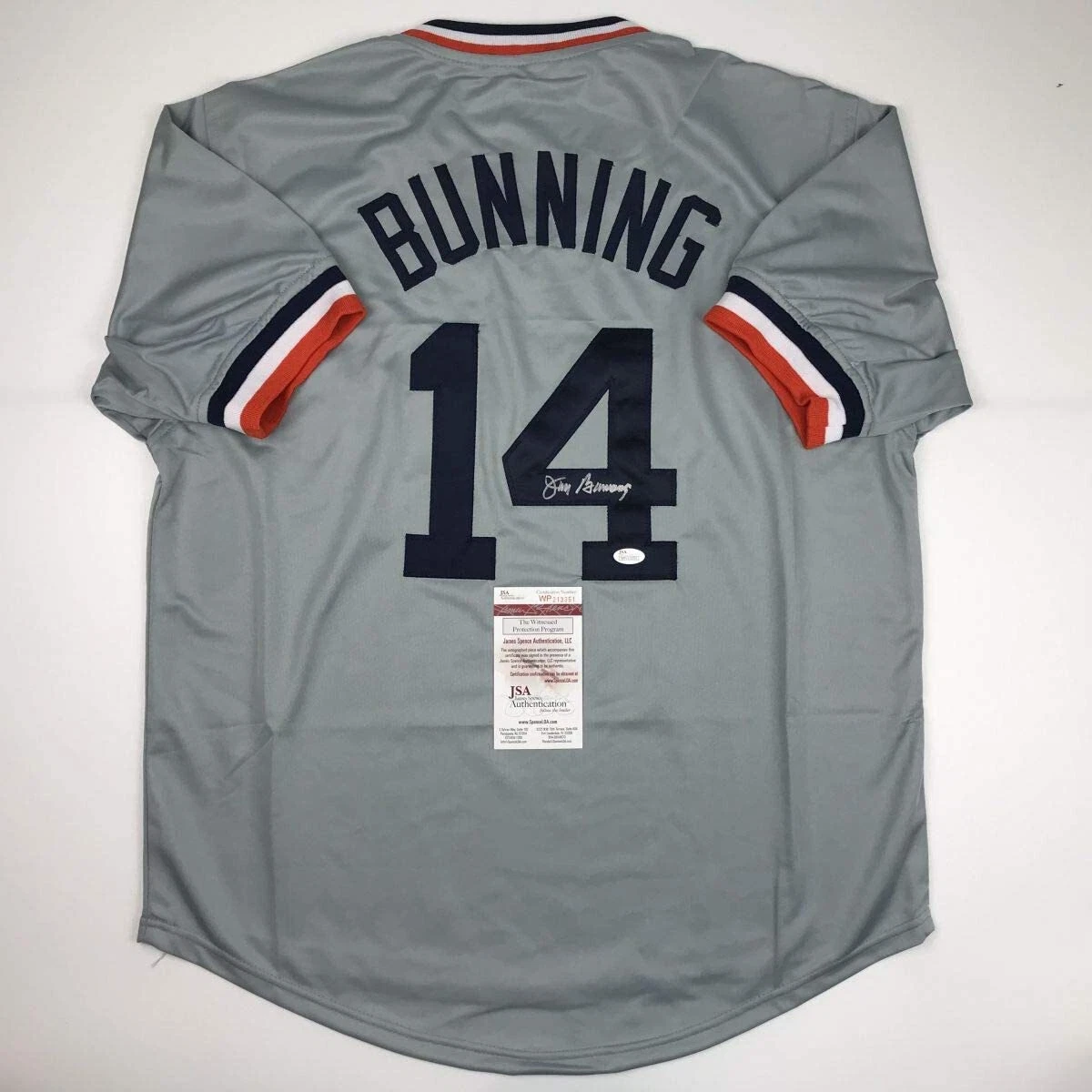 Autographed/Signed JIM BUNNING Detroit Grey Baseball Jersey JSA COA Auto