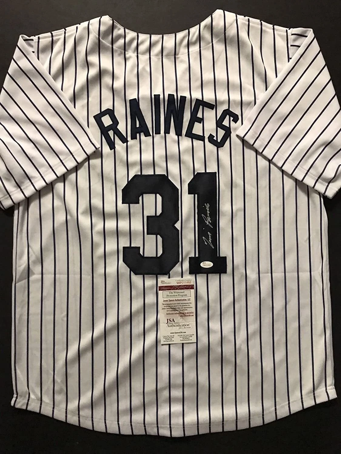 Autographed/Signed TIM RAINES New York Pinstripe Baseball Jersey JSA COA Auto