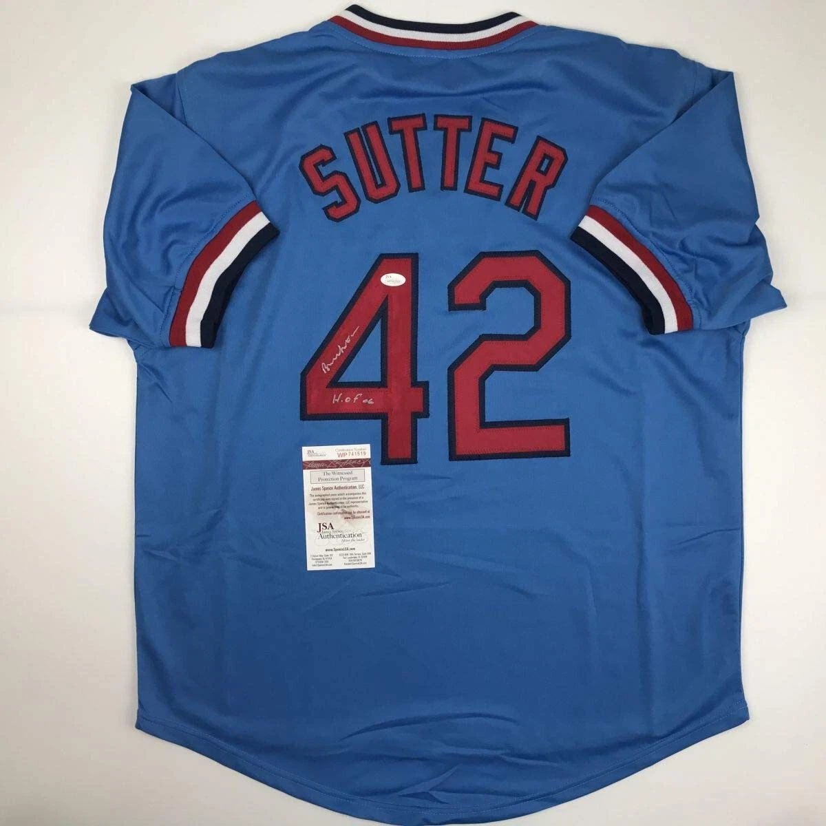 Autographed/Signed BRUCE SUTTER HOF 06 St. Louis Blue Baseball Jersey JSA COA