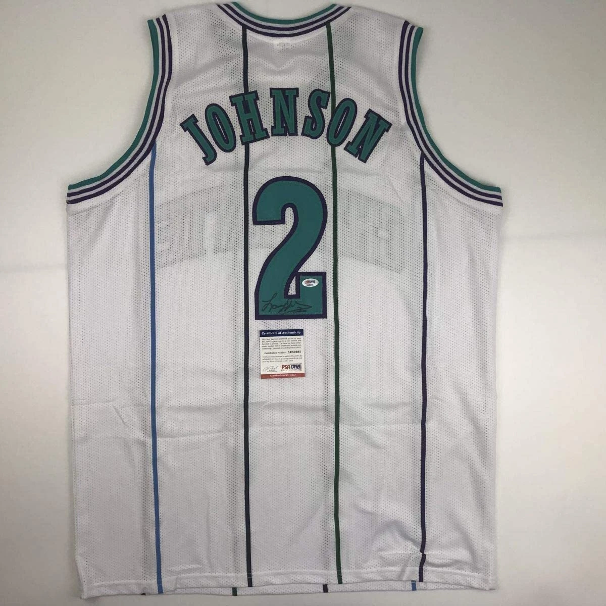 Autographed/Signed LARRY JOHNSON Charlotte White Basketball Jersey PSA/DNA COA