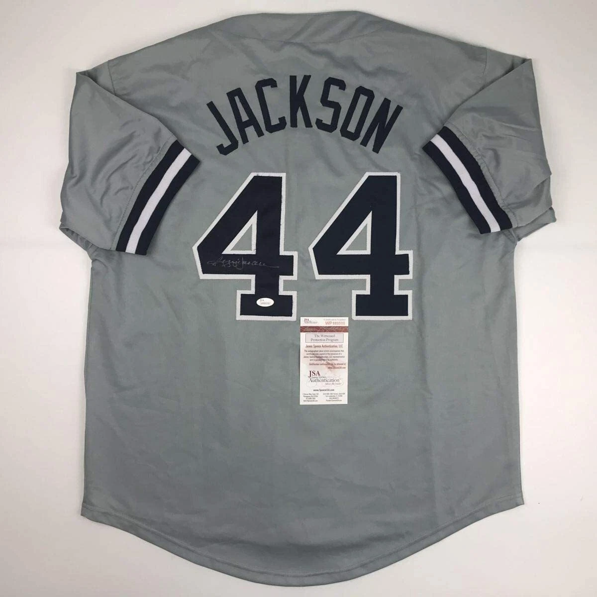 Autographed/Signed REGGIE JACKSON New York Grey Baseball Jersey JSA COA Auto