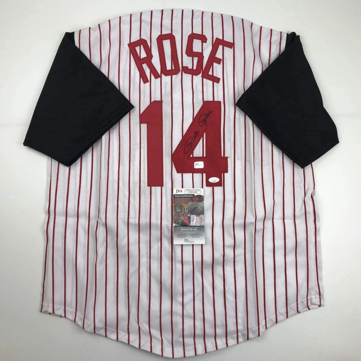 Autographed/Signed PETE ROSE Cincinnati Pinstripe Baseball Jersey JSA COA Auto