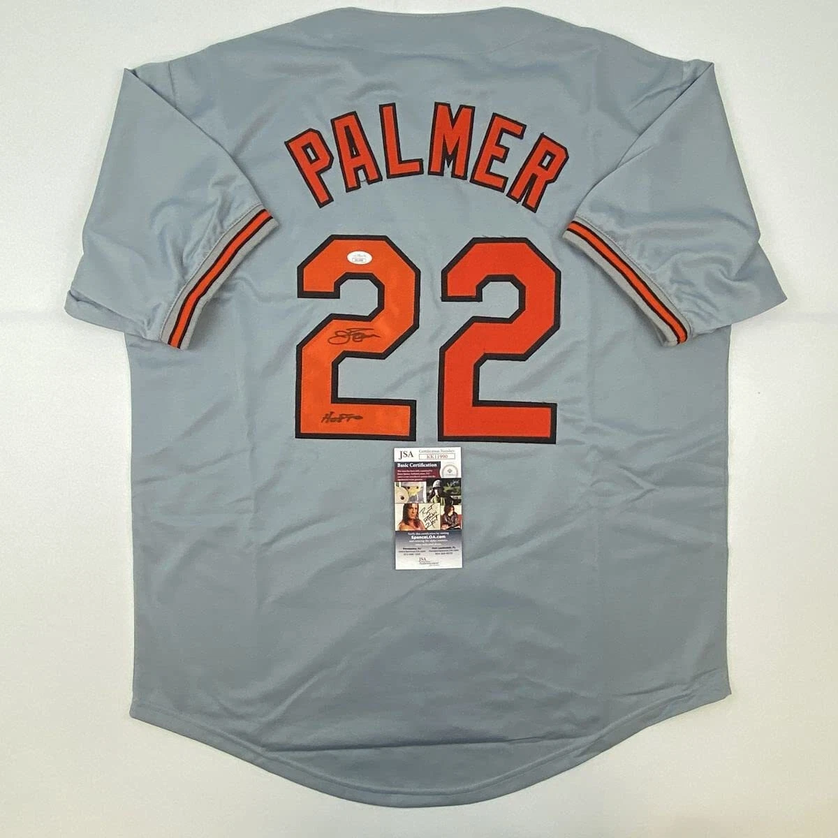Autographed/Signed JIM PALMER HOF 1990 Baltimore Grey Baseball Jersey JSA COA