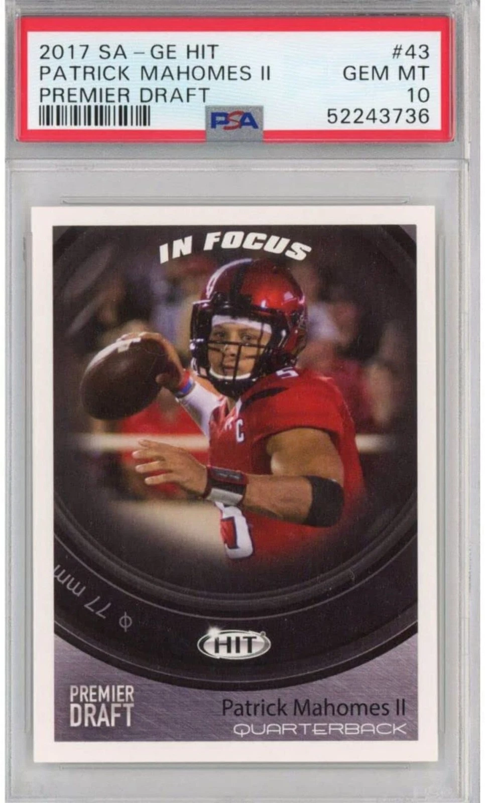 Graded 2017 Sage SA-GE Hit Premier Draft PATRICK MAHOMES #43 Rookie Card PSA 10