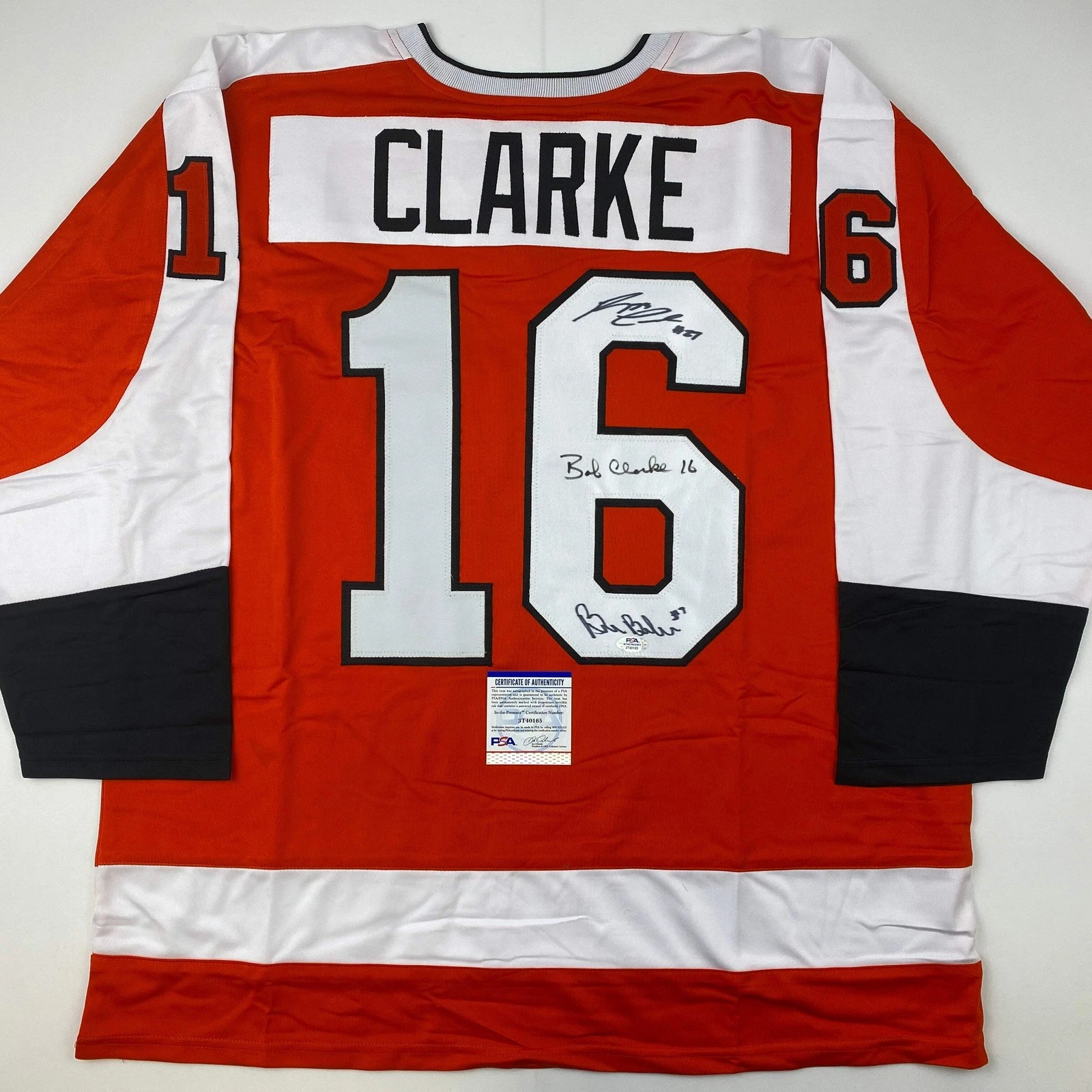 Autographed/Signed LCB Line Reggie Leach Bobby Clarke Bill Barber Jersey PSA COA