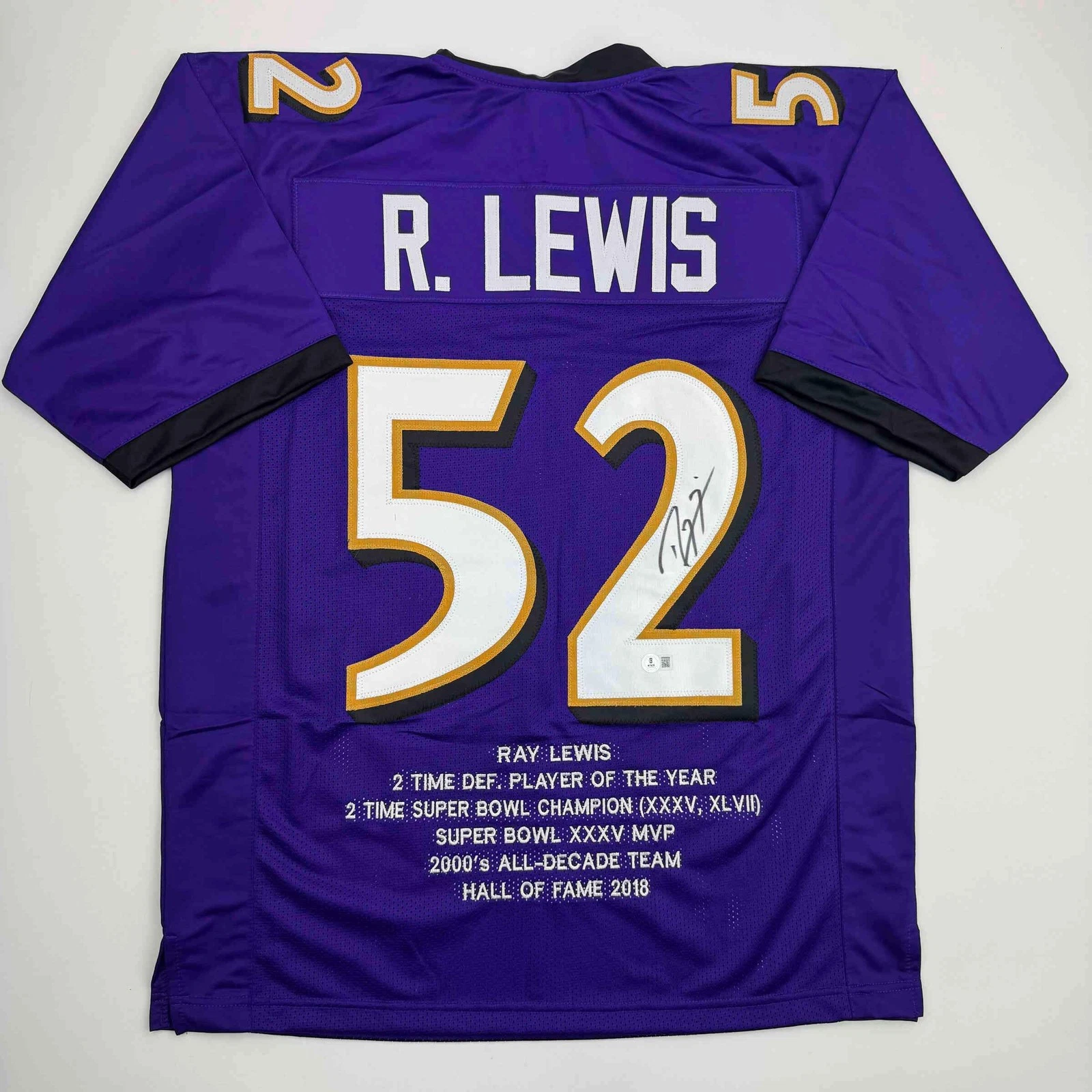 Autographed/Signed Ray Lewis Baltimore Purple Stat Football Jersey Beckett COA