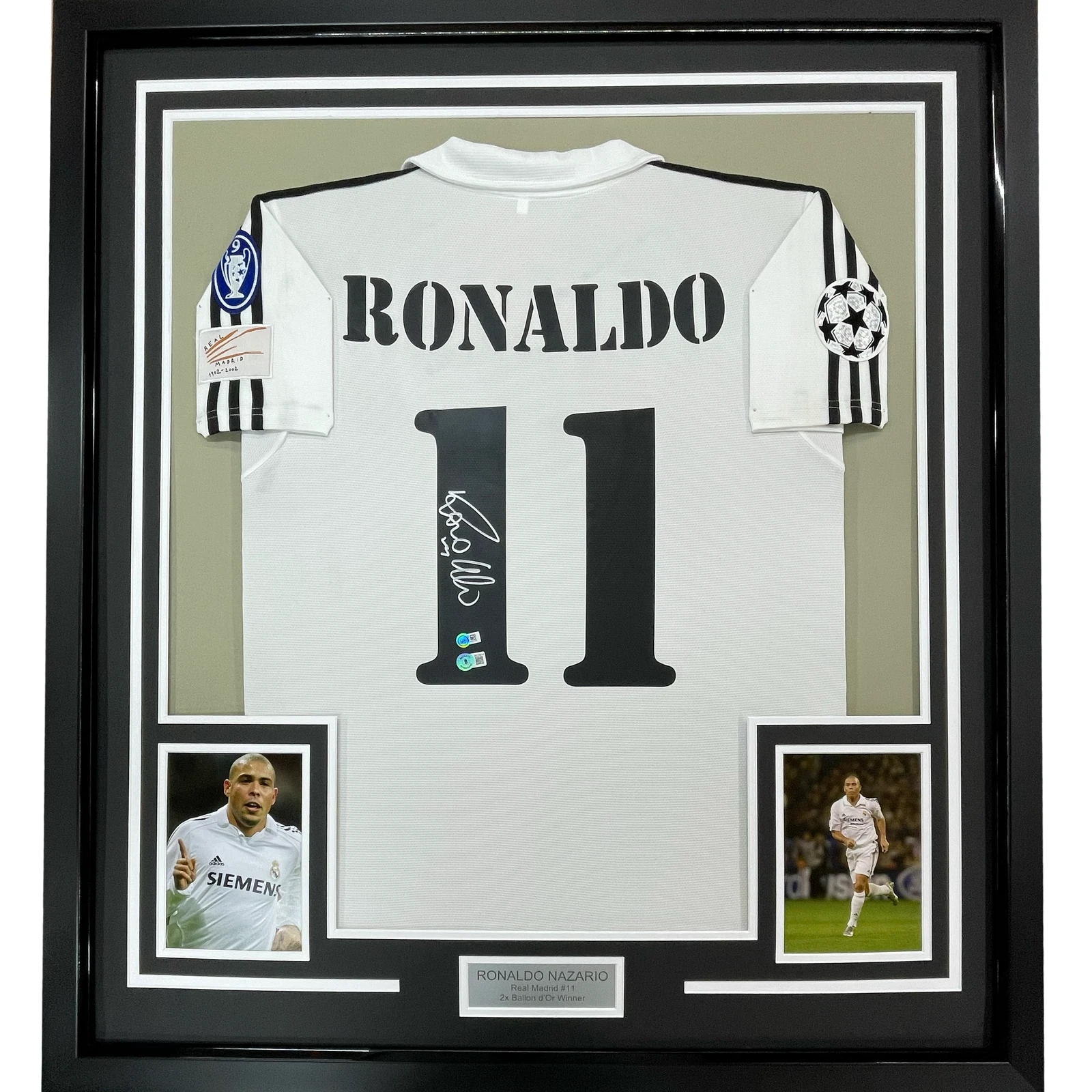 Framed Autographed/Signed Ronaldo Nazario 33x42 Real Madrid White Jersey BAS COA