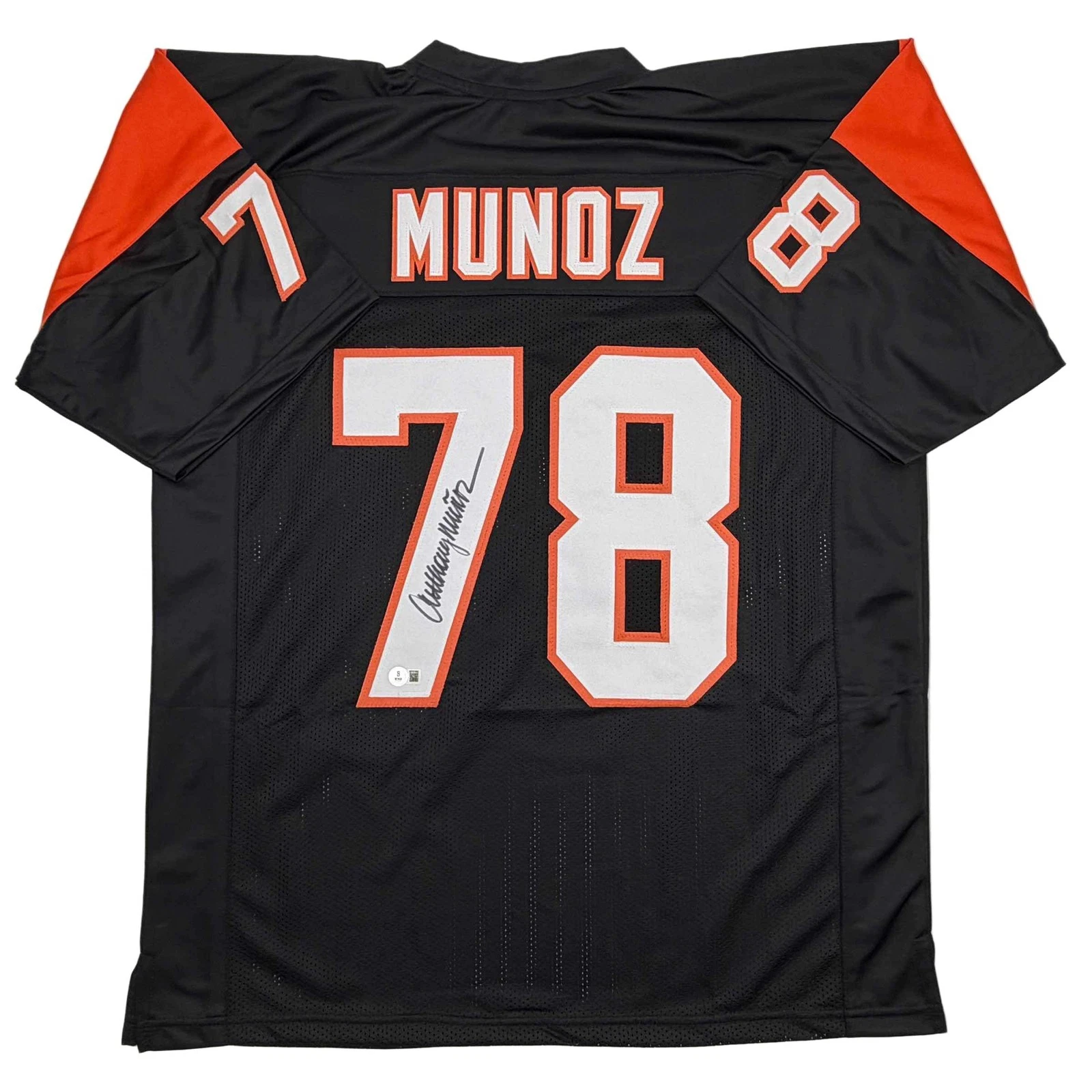 Autographed/Signed Anthony Munoz HOF 98 Cincinnati Black Football Jersey JSA COA