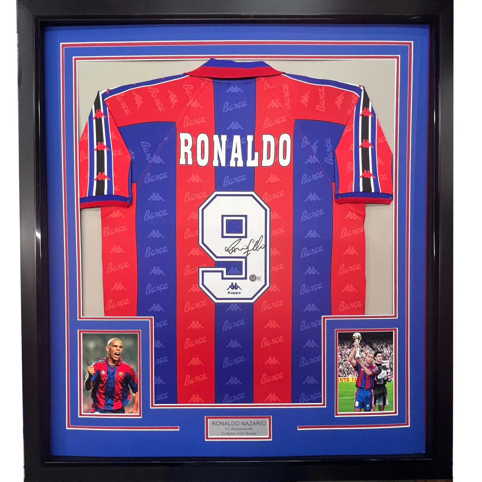 Framed Autographed/Signed Ronaldo Nazario 33x42 FC Barcelona Jersey Beckett COA