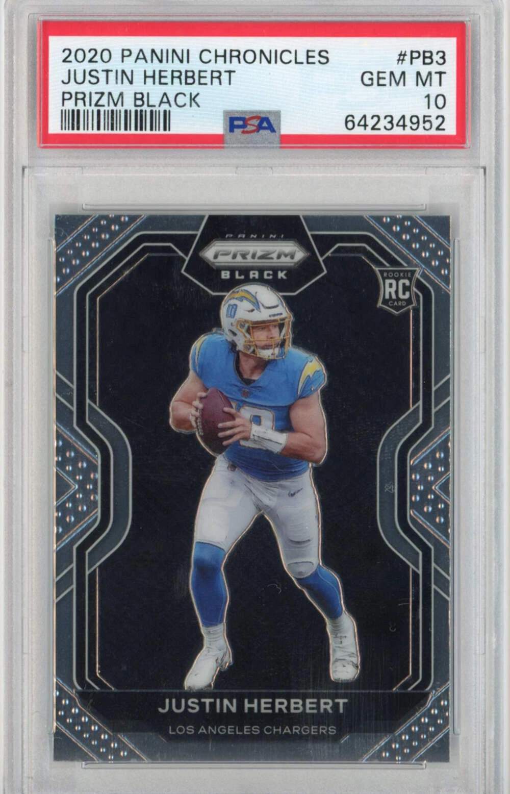 Graded 2020 Panini Chronicles Justin Herbert #PB3 Prizm Black Rookie Card PSA 10