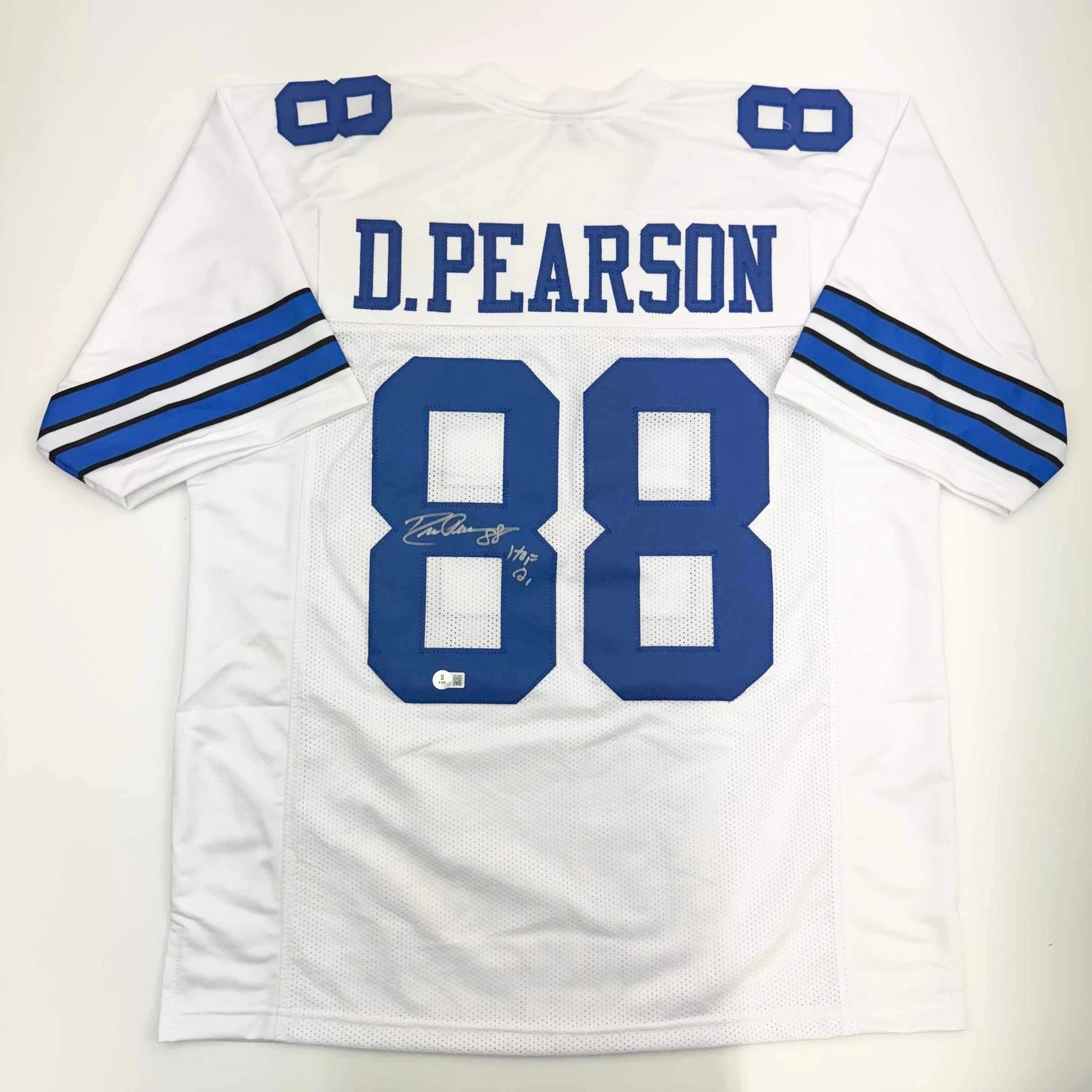 Autographed/Signed Drew Pearson HOF 21 Dallas White Football Jersey Beckett BAS