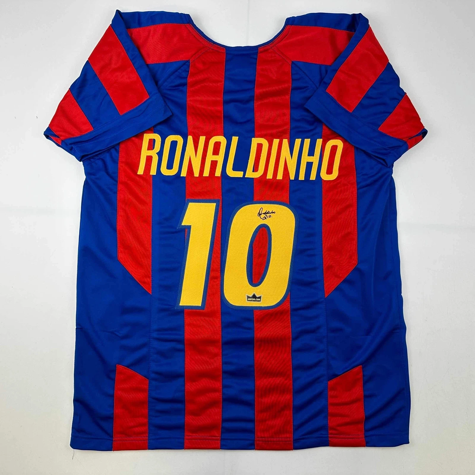 Facsimile Autographed Ronaldinho FC Barcelona Blue/Red Reprint Jersey Men's XL