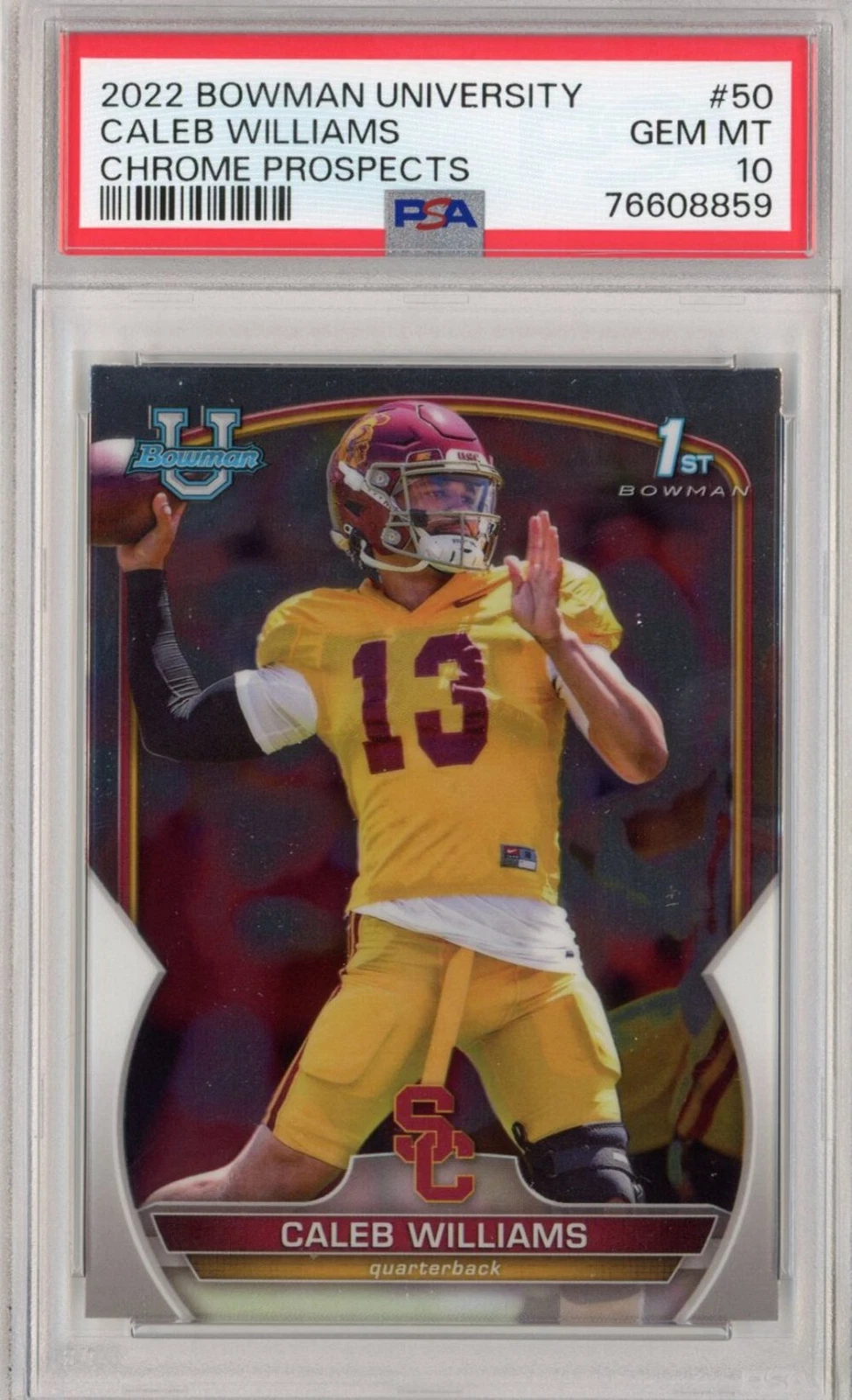Graded 2022 Bowman University Caleb Williams #50 Chrome Rookie RC Card PSA 10