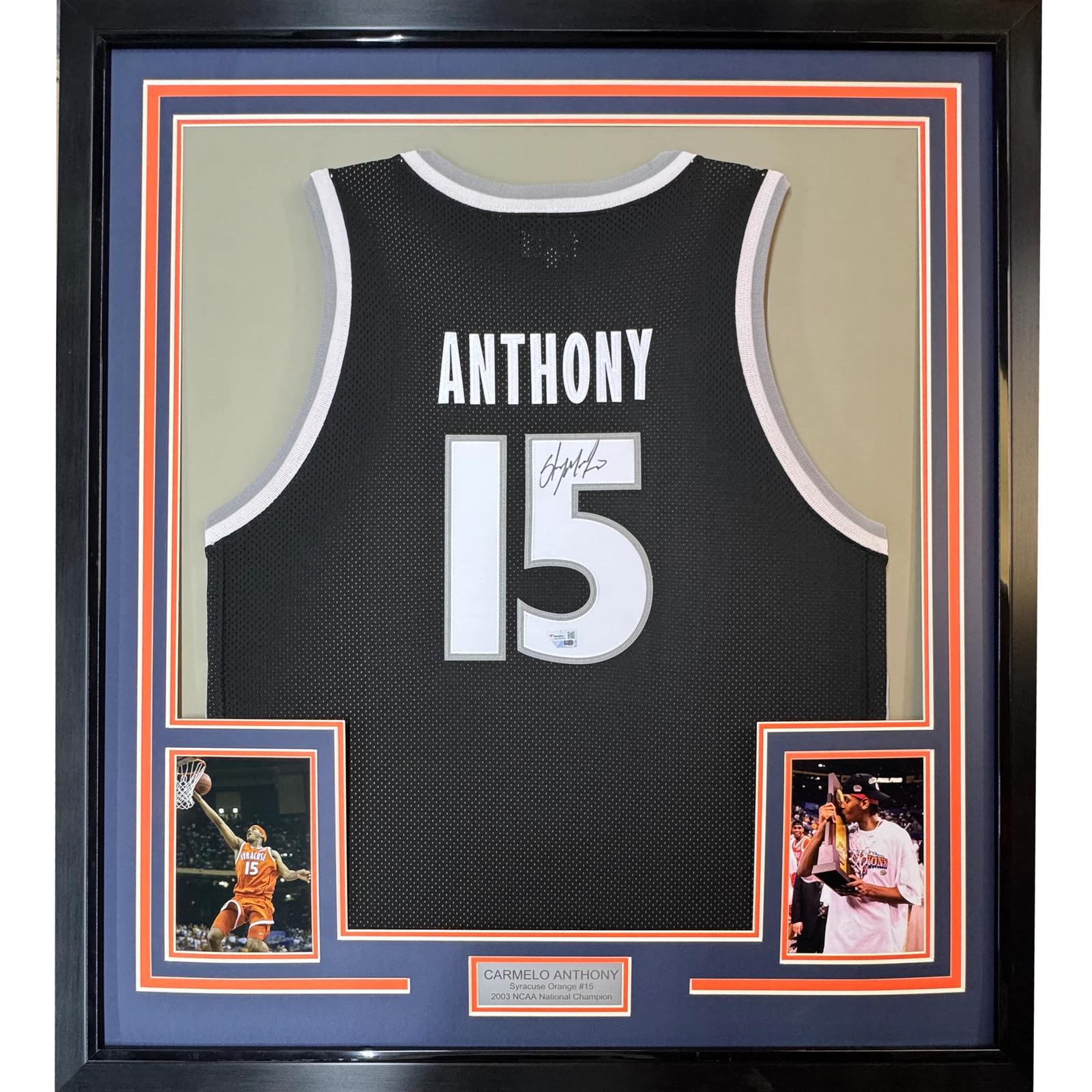 Framed Autographed/Signed Carmelo Anthony 33x42 Orange Black Jersey Fanatics COA