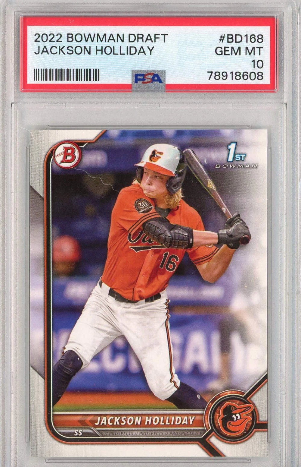 Graded 2022 Bowman Draft Jackson Holliday #BD168 Rookie RC Baseball Card PSA 10