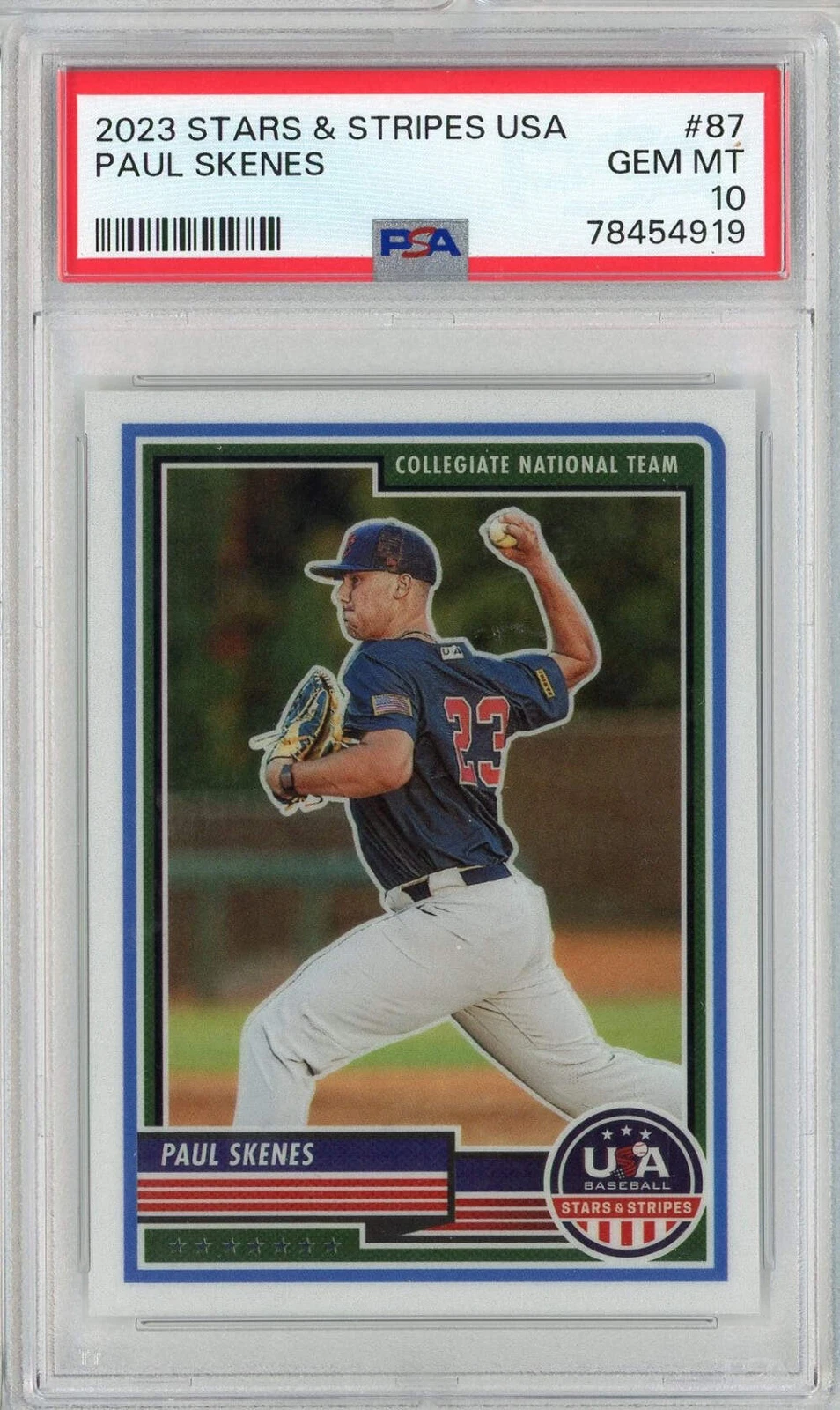 Graded 2023 Panini Stars & Stripes USA Paul Skenes #87 RC Baseball Card PSA 10