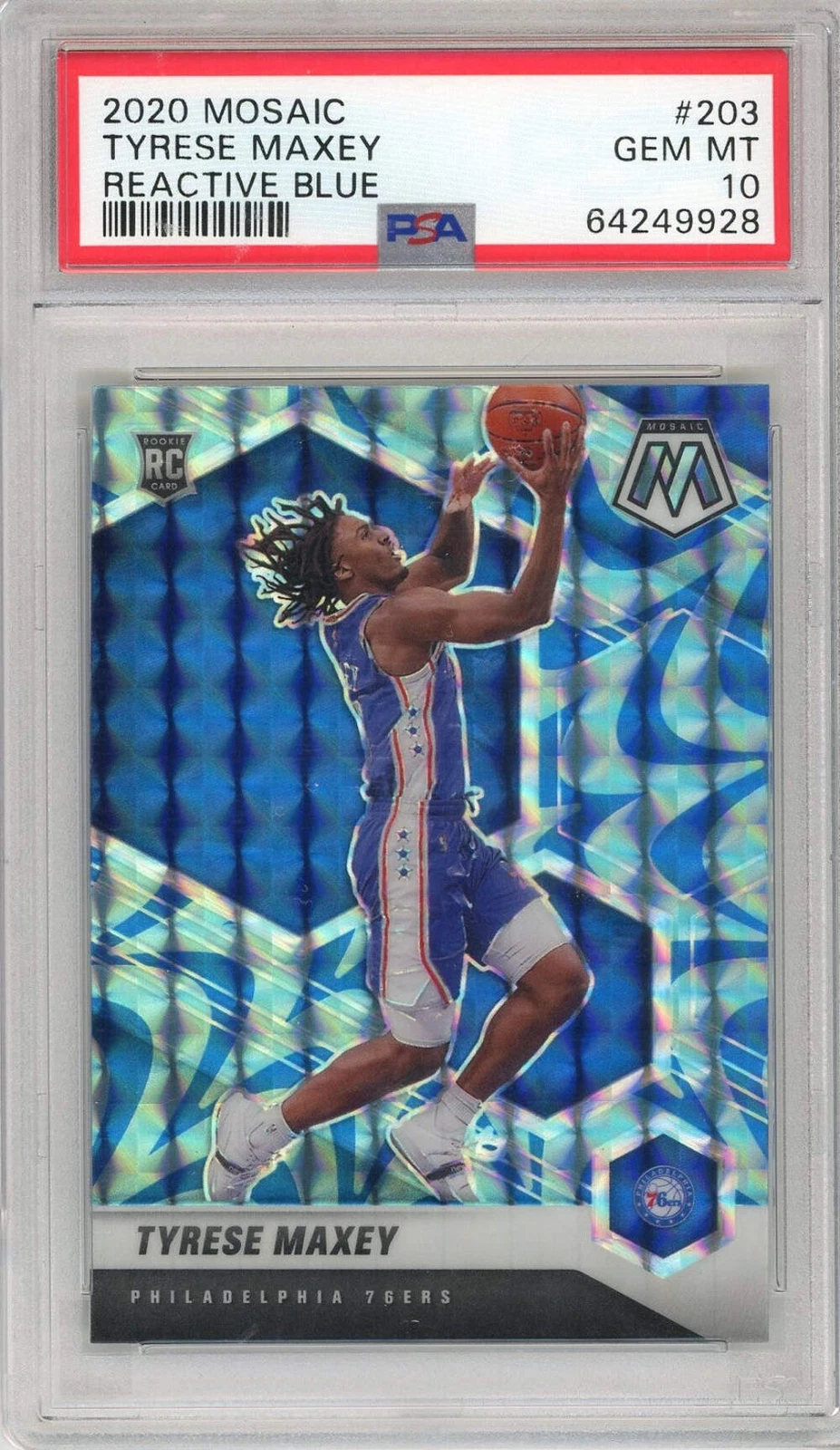 Graded 2020 Panini Mosaic Tyrese Maxey #203 Reactive Blue Basketball Card PSA 10
