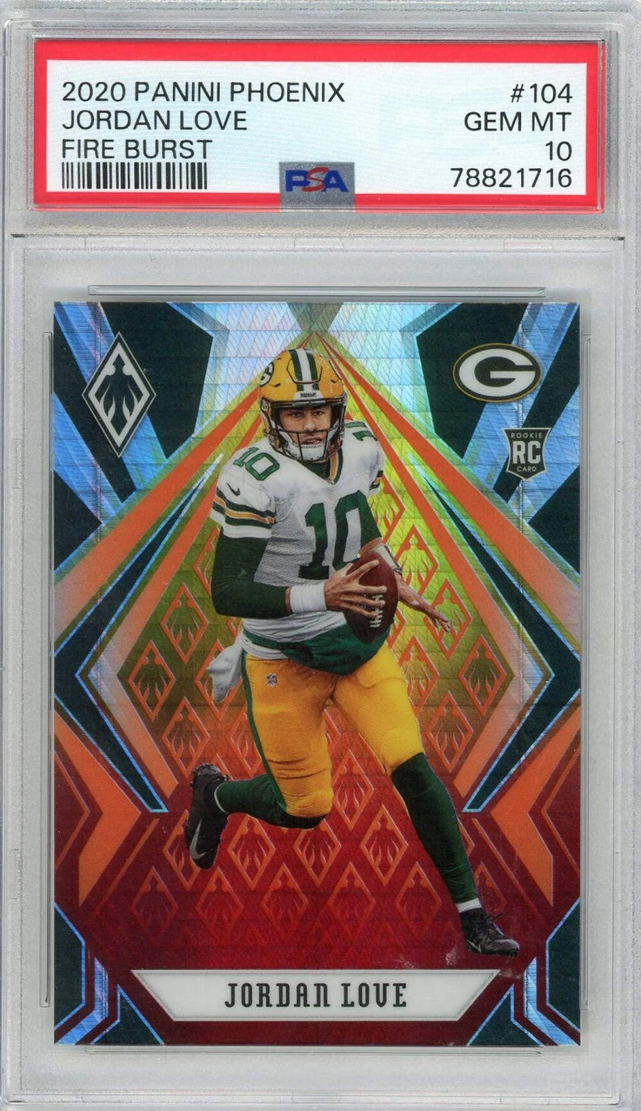 Graded 2020 Panini Phoenix Jordan Love #104 Fire Burst RC Football Card PSA 10