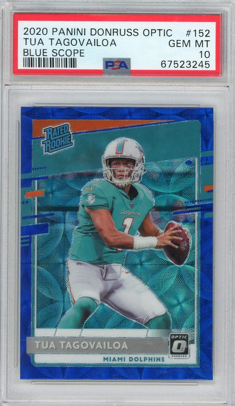 Graded 2020 Donruss Optic Tua Tagovailoa #152 Blue Scope RC Football Card PSA 10