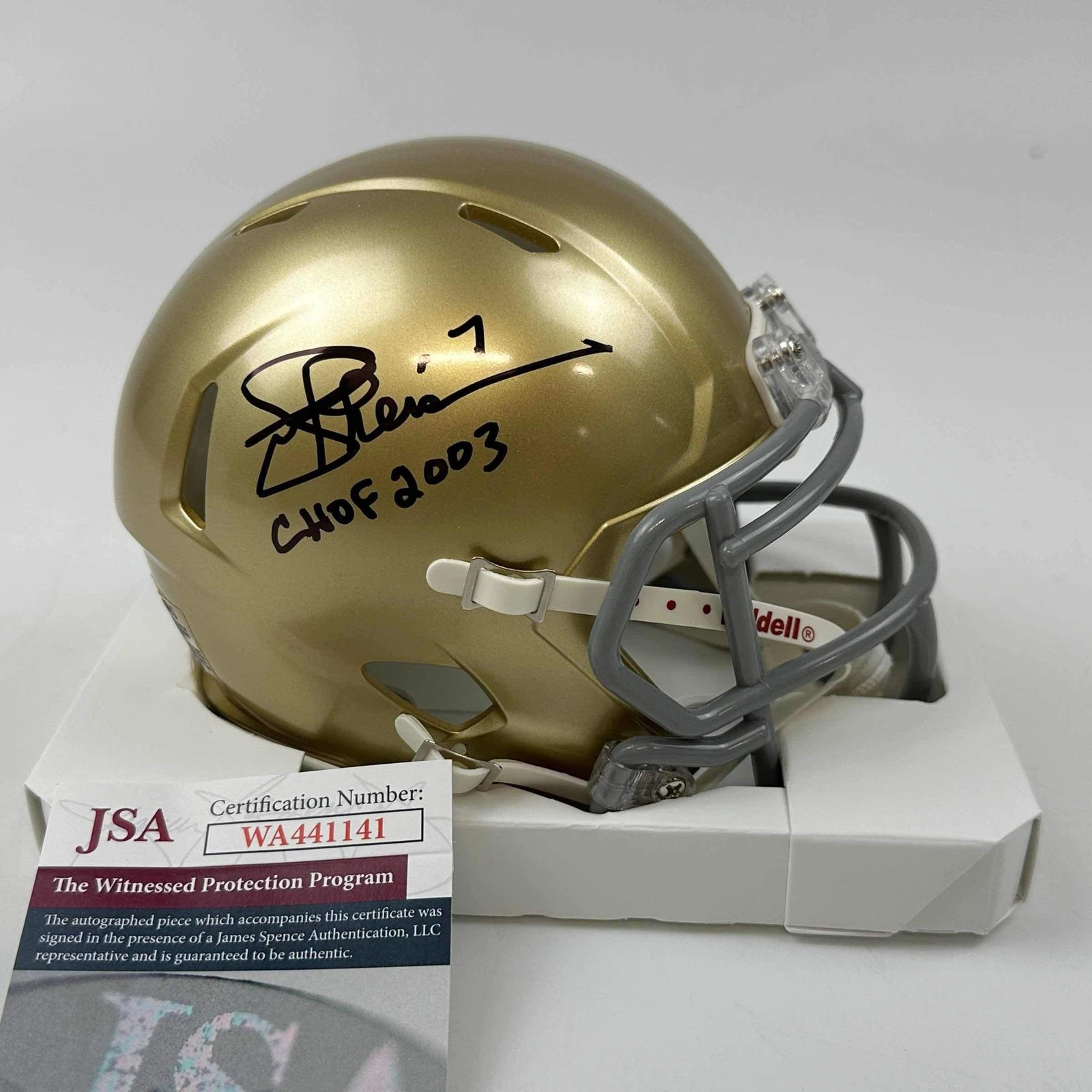 Autographed/Signed Joe Theismann CHOF 2003 Notre Dame Irish Mini Helmet JSA COA