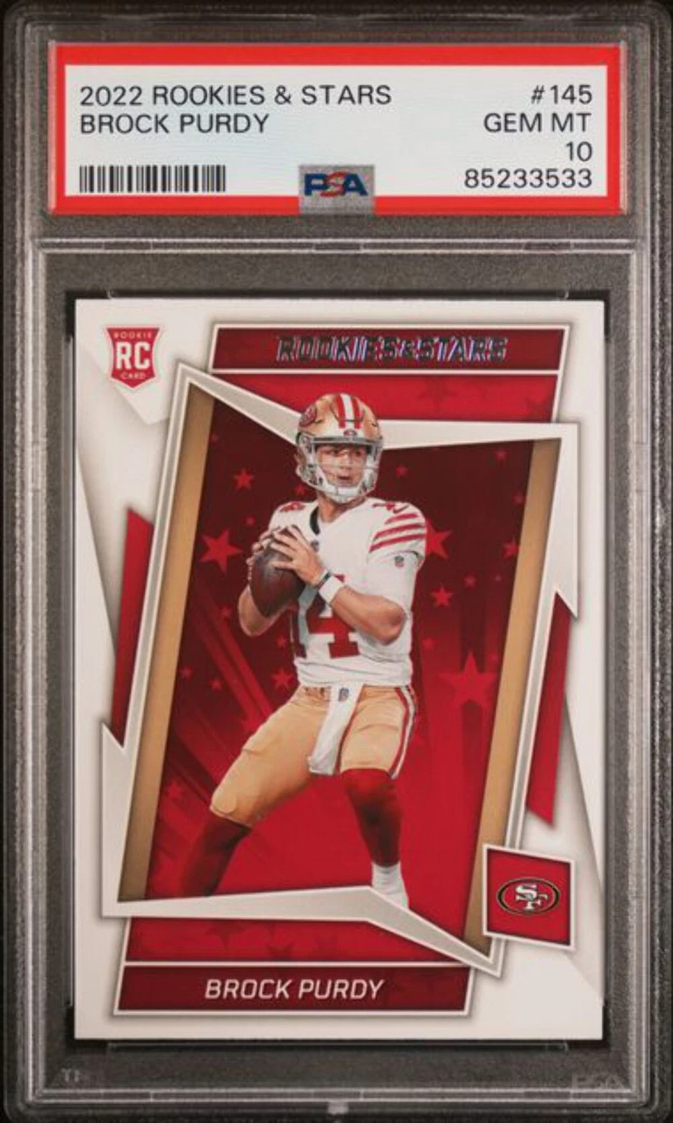 Graded 2022 Panini Rookies & Stars Brock Purdy #145 Rookie Football Card PSA 10