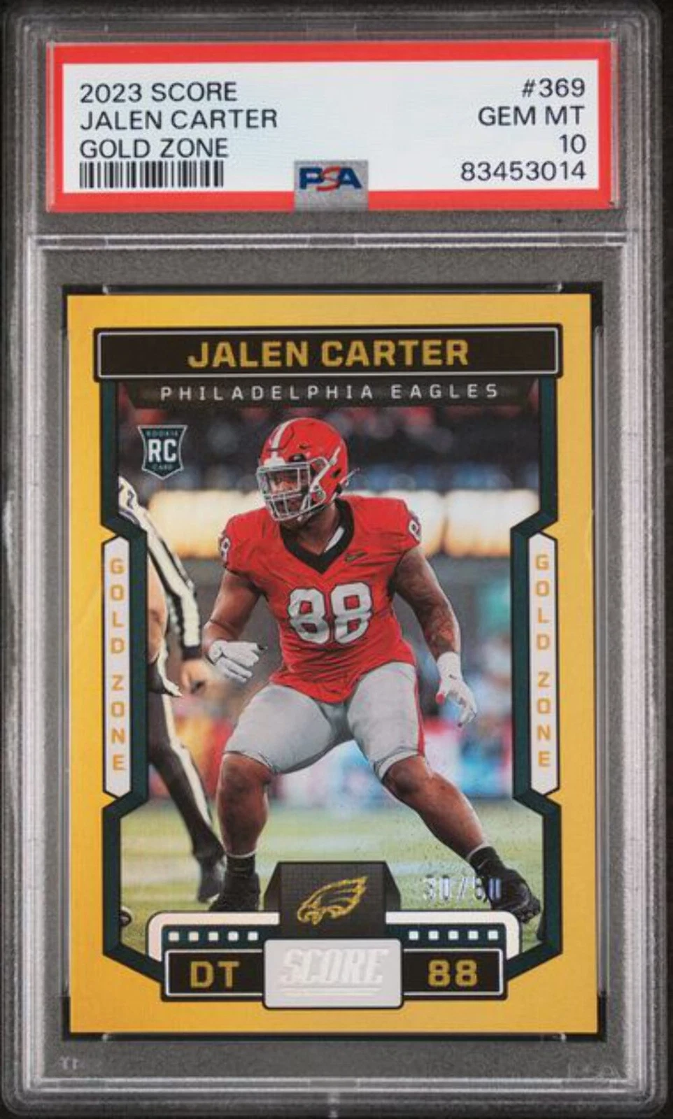 Graded 2023 Panini Score Jalen Carter #369 Gold Zone Rookie Football Card PSA 10