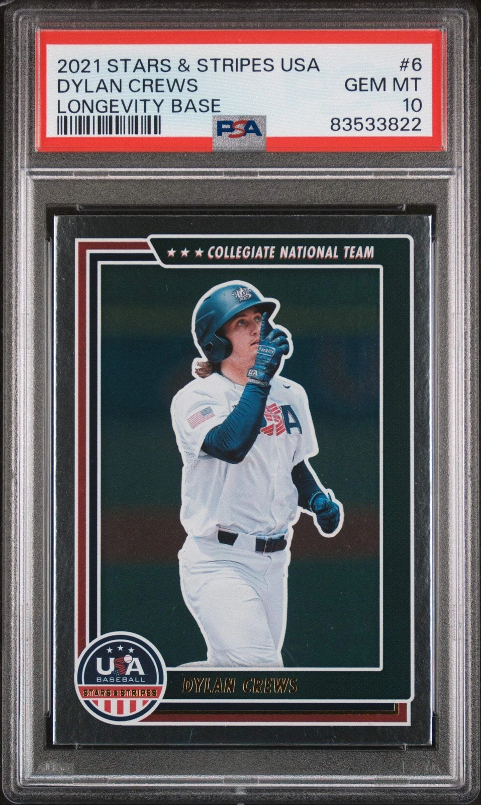 Graded 2021 Stars & Stripes USA Dylan Crews #6 Longevity Base RC Card PSA 10