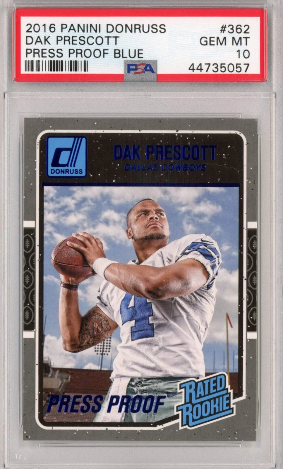 Graded 2016 Panini Donruss Dak Prescott #362 Press Proof Blue Rookie Card PSA 10