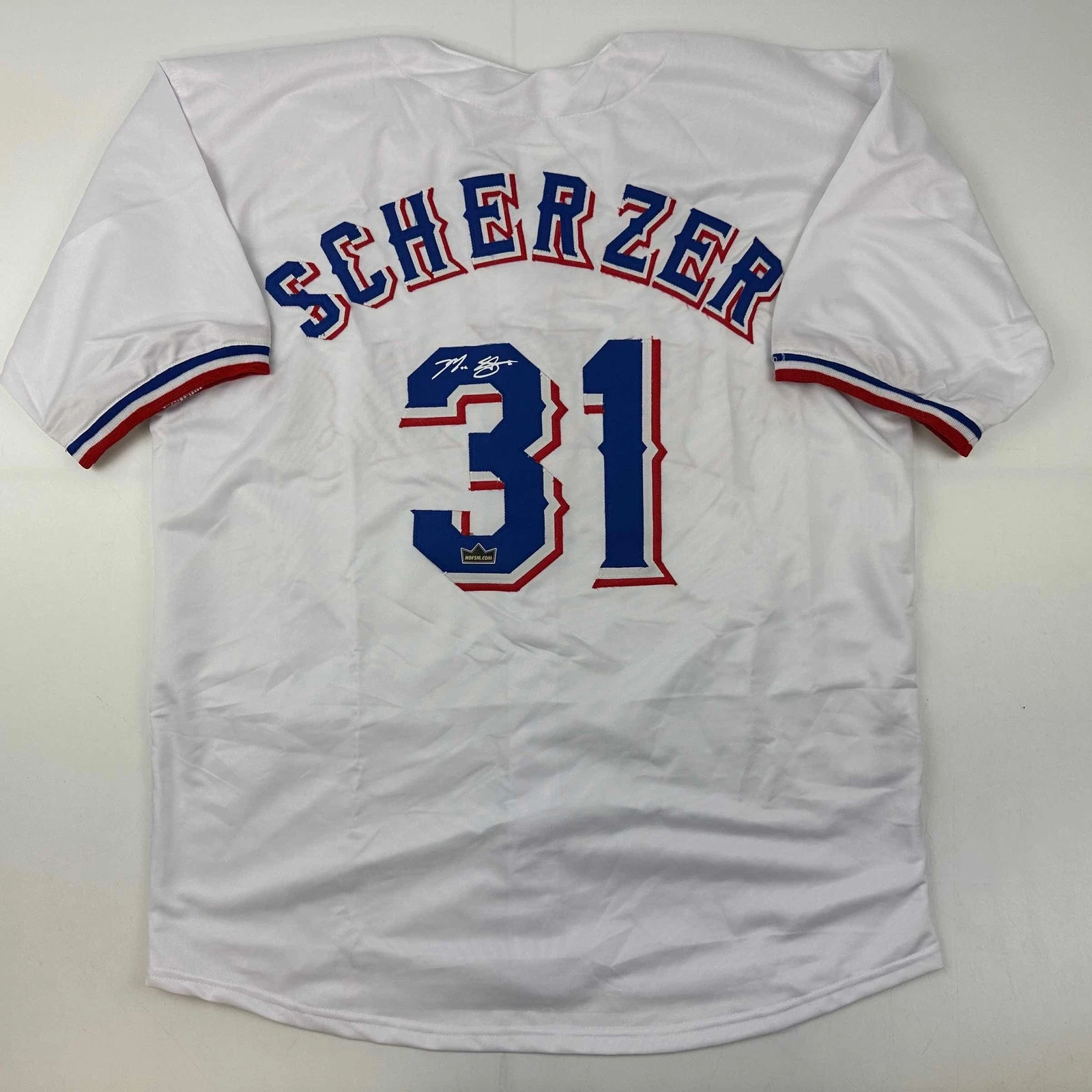 Facsimile Autographed Max Scherzer Texas White Reprint Jersey Size Men's XL