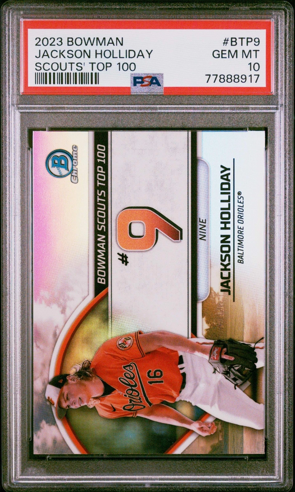 Graded 2023 Bowman Jackson Holliday #BTP9 Scouts Top 100 RC Baseball Card PSA 10