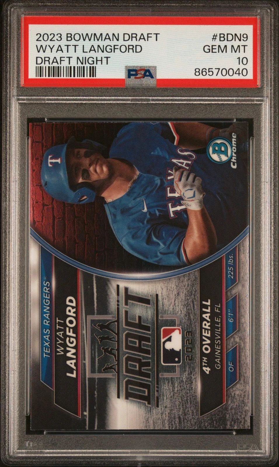 Graded 2023 Bowman Wyatt Langford #BDN9 Draft Night RC Baseball Card PSA 10