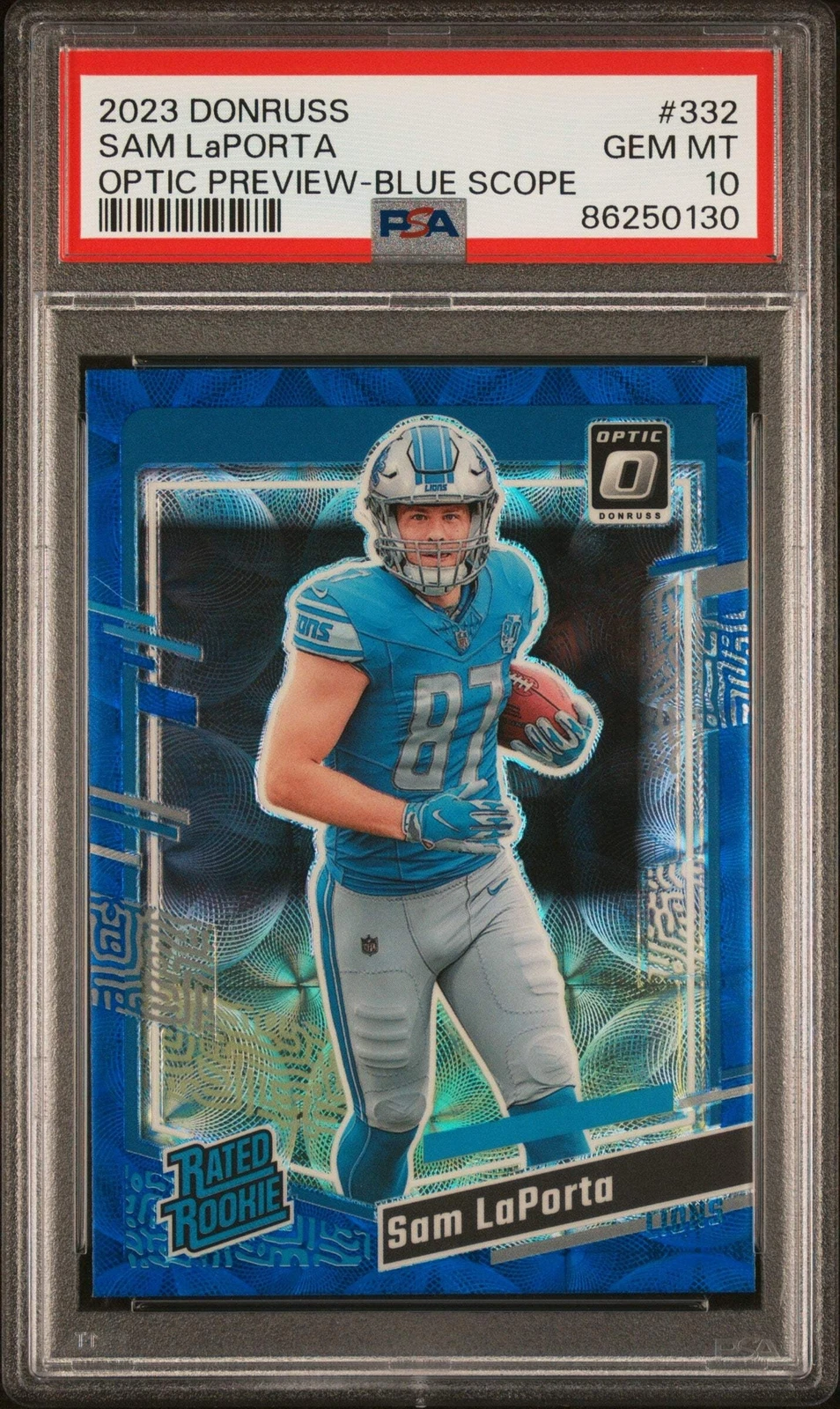 Graded 2023 Donruss Sam LaPorta #332 Optic Blue Scope RC Football Card PSA 10