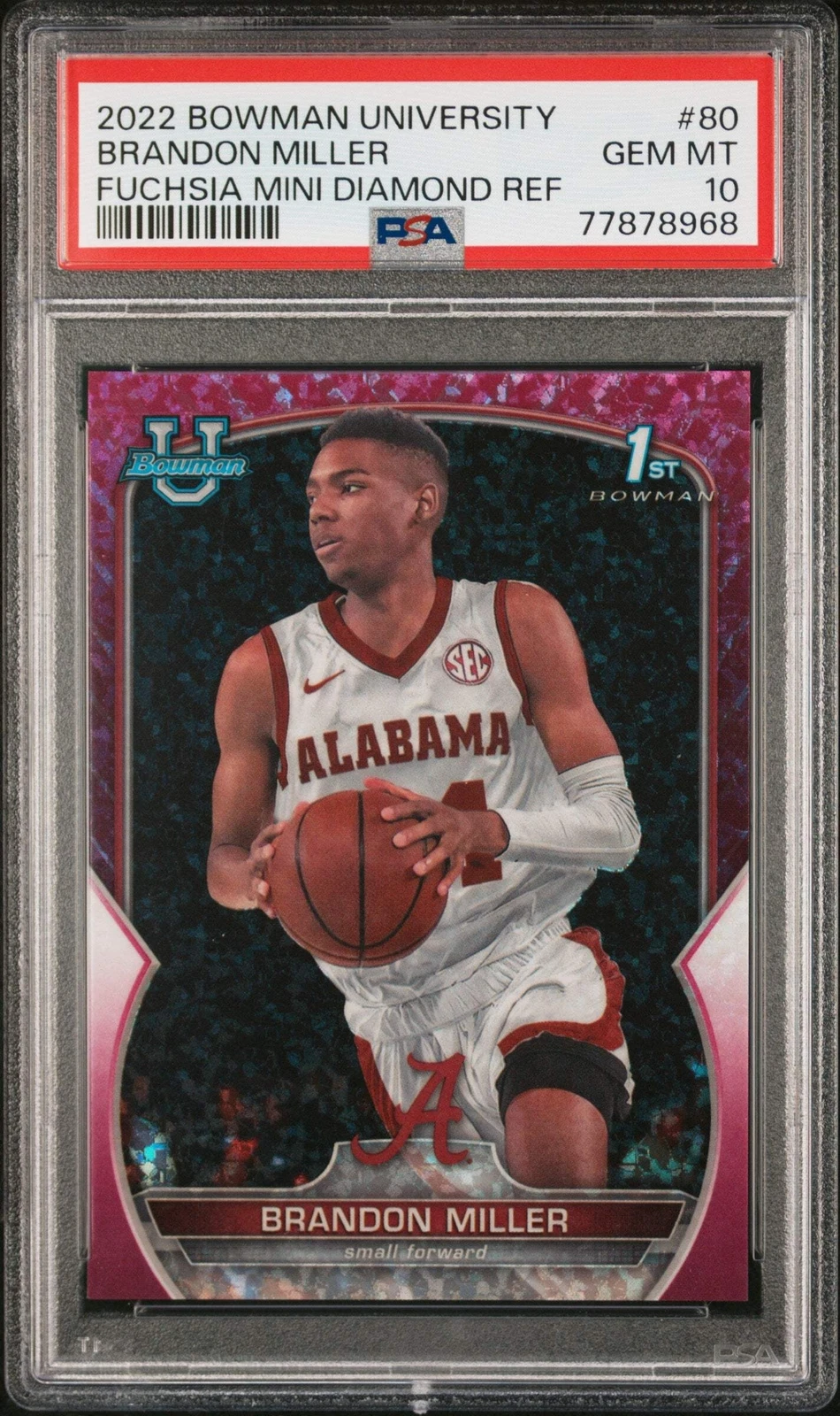 Graded 2022 BWM U Brandon Miller #80 Fuchsia Mini Dmd REF #/150 Card PSA 10