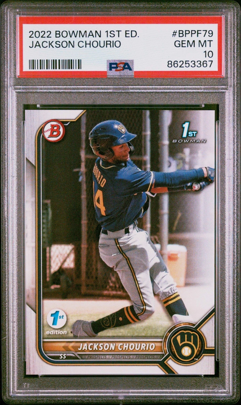 Graded 2022 Bowman 1st Edition Jackson Chourio #BPPF79 RC Baseball Card PSA 10