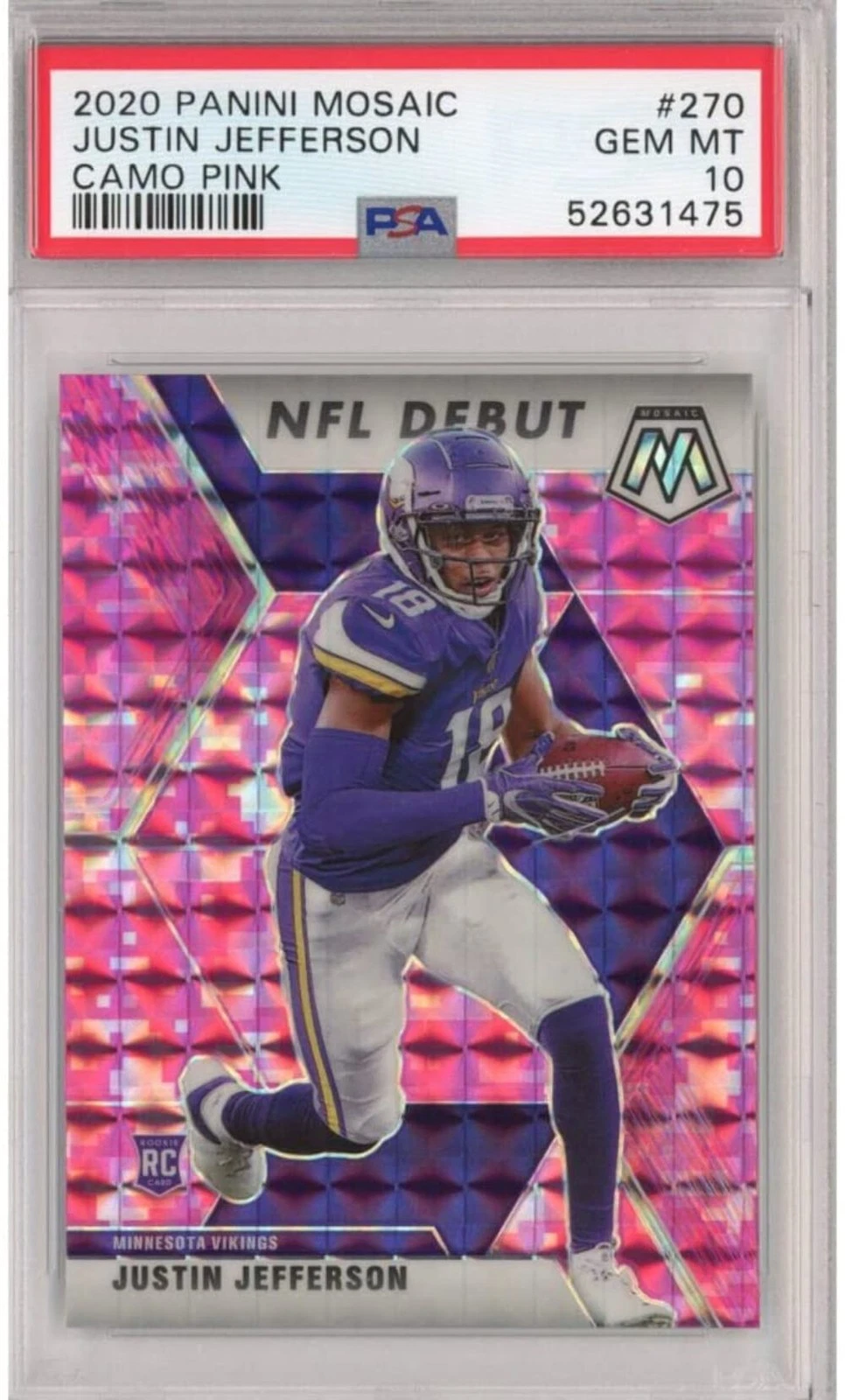 Graded 2020 Panini Mosaic Justin Jefferson #270 Camo Pink Rookie RC Football Car