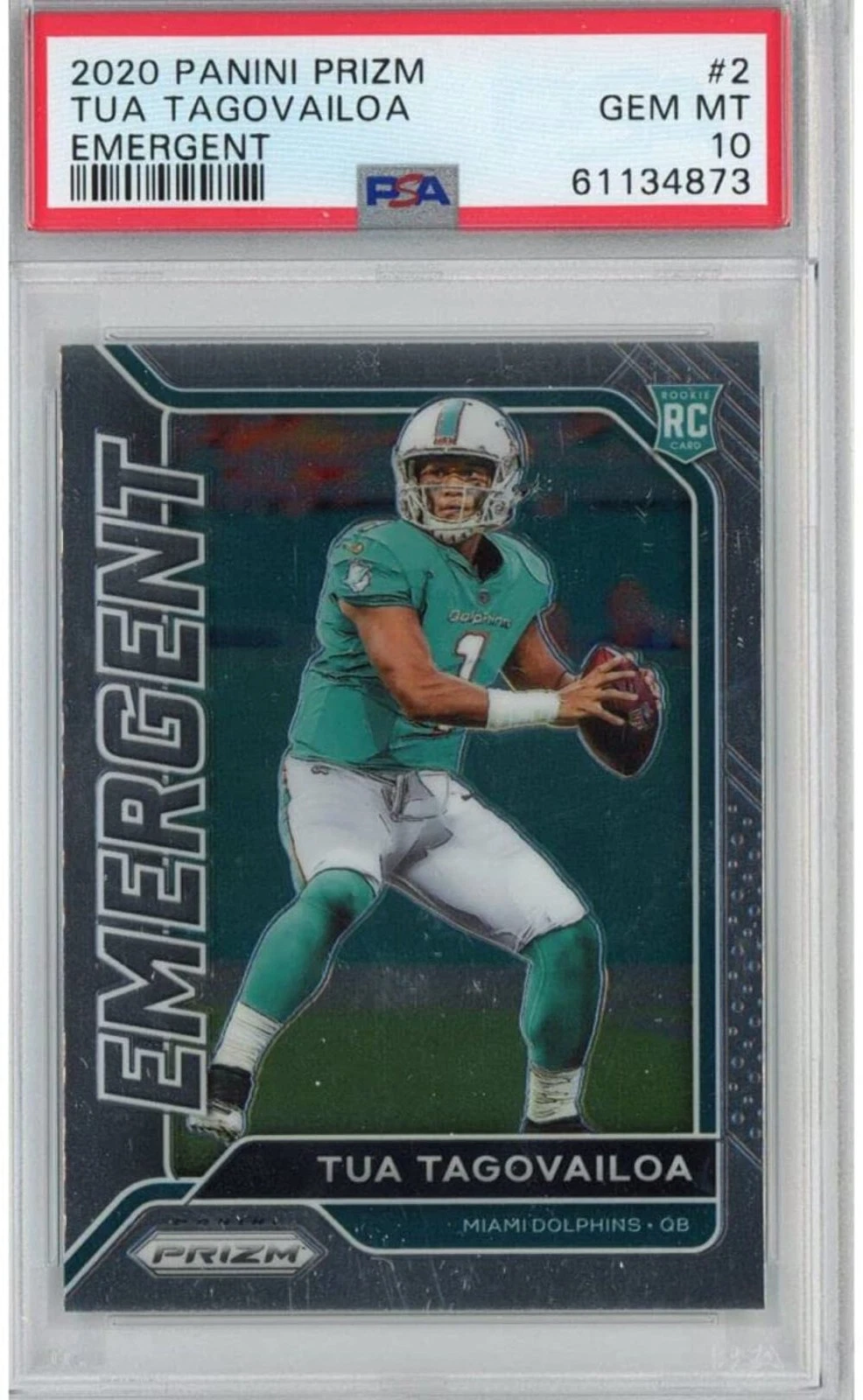 Graded 2020 Panini Prizm Tua Tagovailoa #2 Emergent Rookie RC Football Card PSA