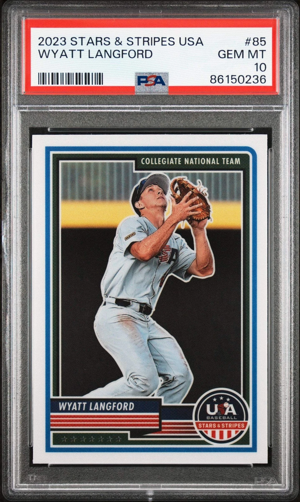 Graded 2023 Panini Stars & Stripes USA Wyatt Langford #85 Baseball Card PSA 10